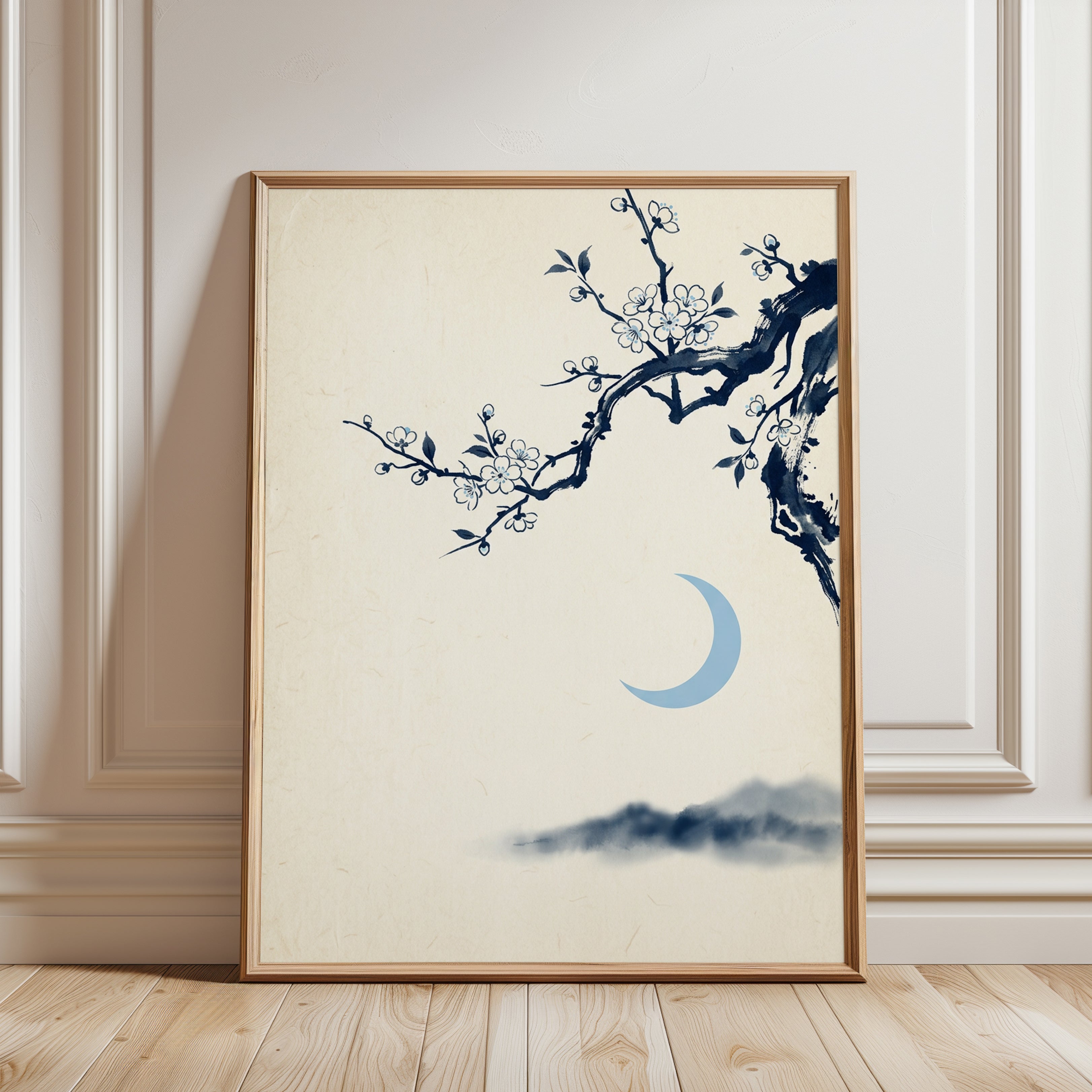Cherry Blossom Moon Art Print: Japanese Ink Painting Style - framed detail
