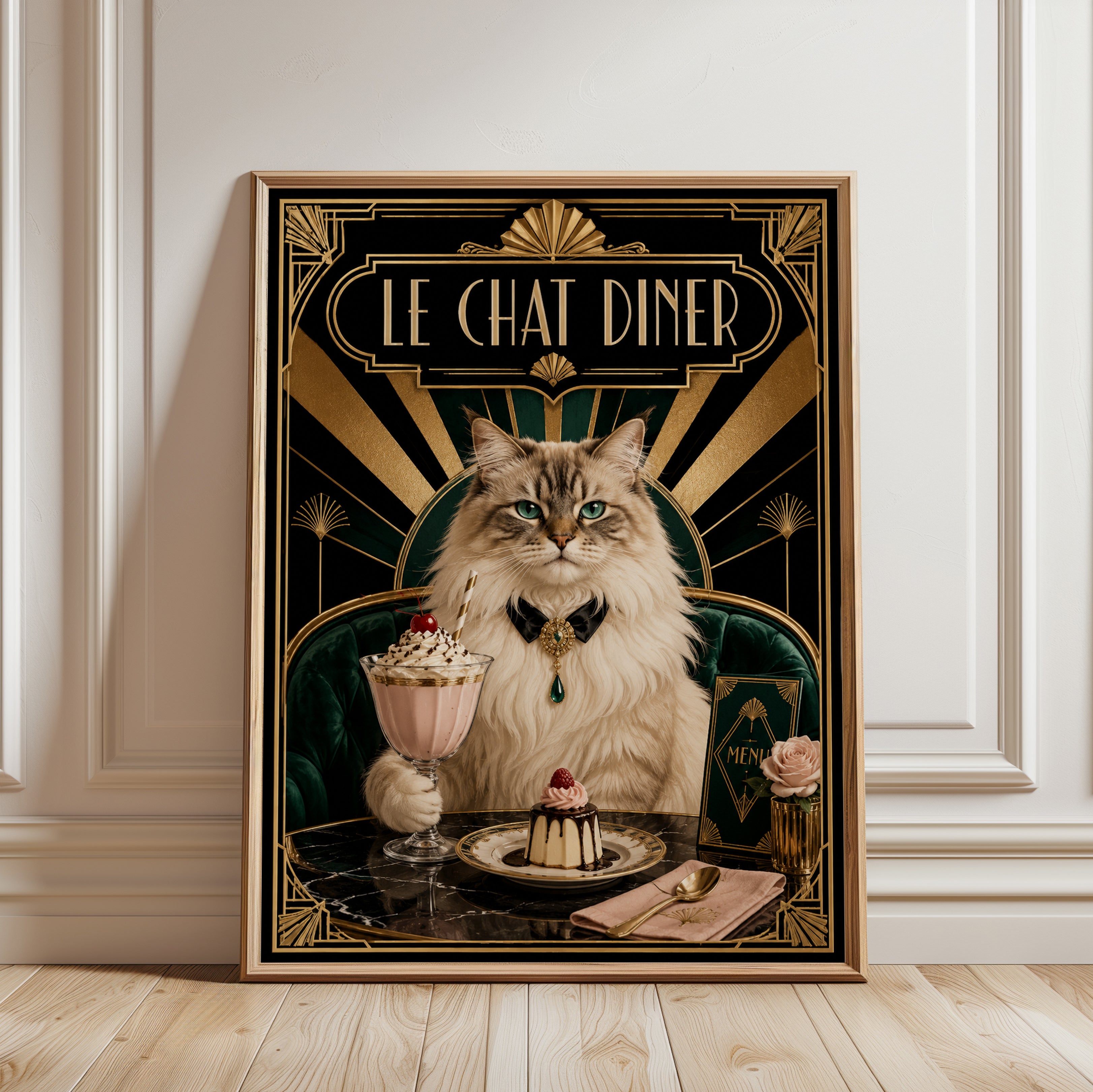 Le Chat Diner Art Deco Poster: Elegant Cat With Dessert Print - framed detail