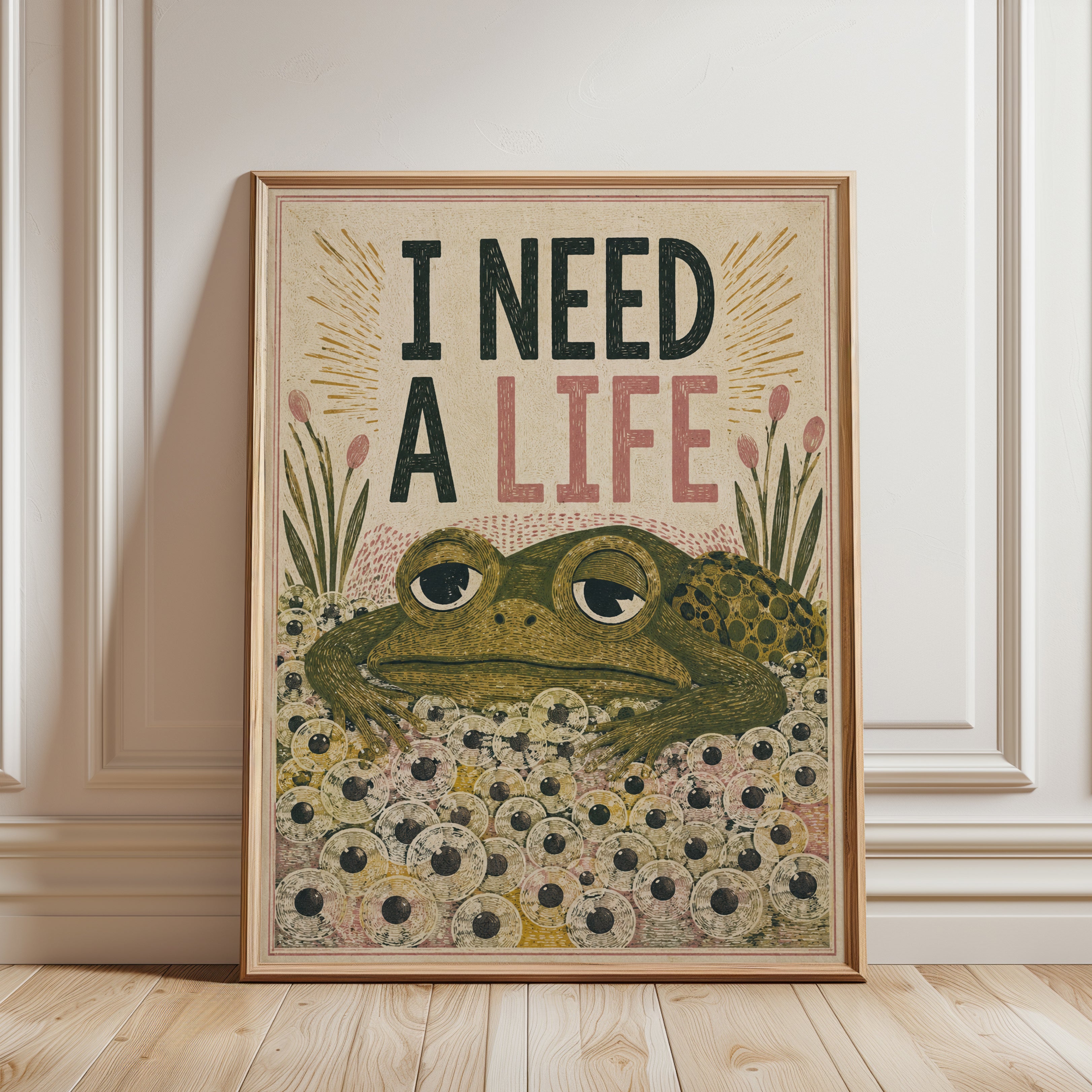 Funny Frog Wall Art – Humorous Toad Print - framed detail