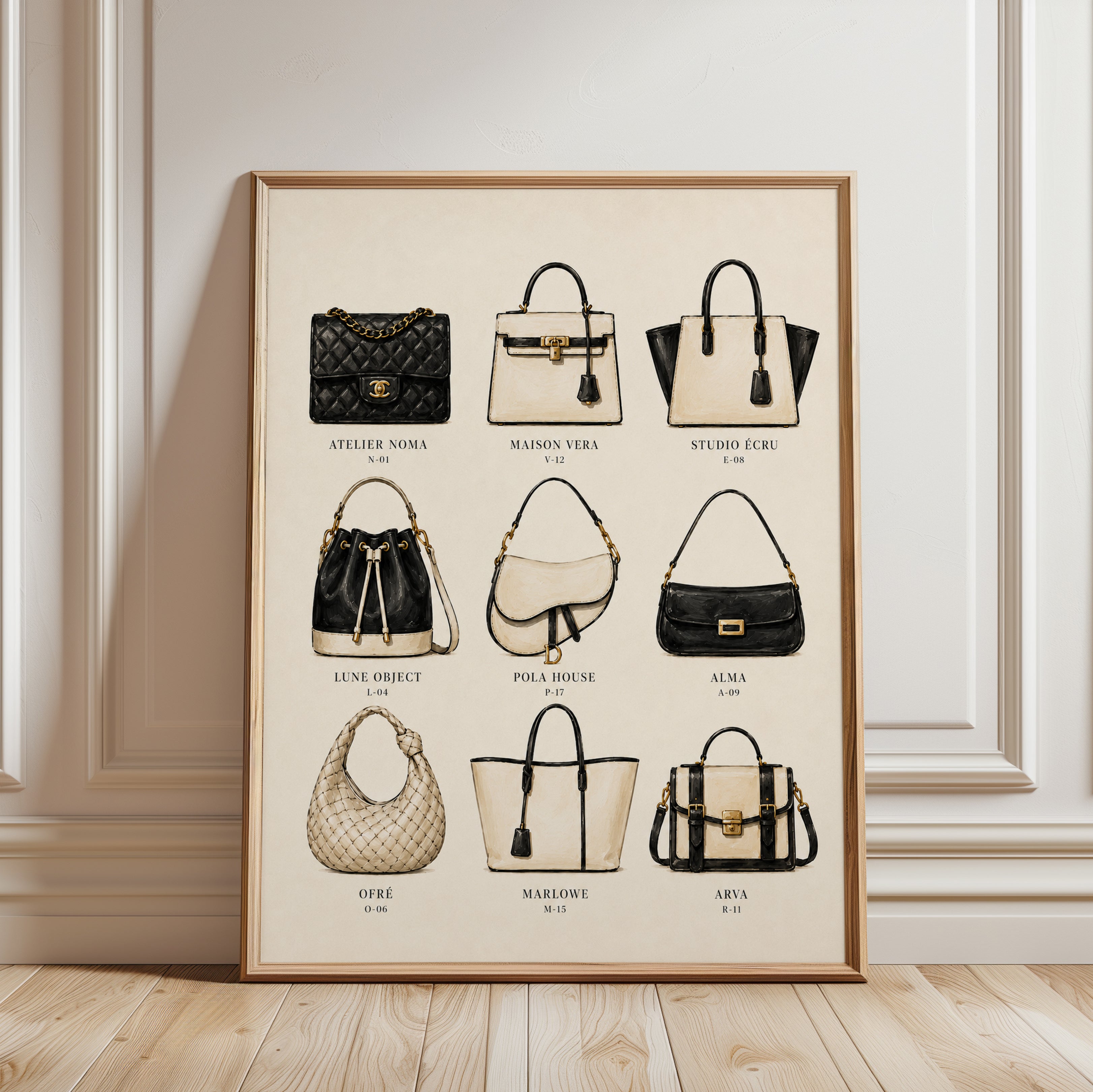 Designer Handbag Collection Print: Fashion Illustration Art - framed detail