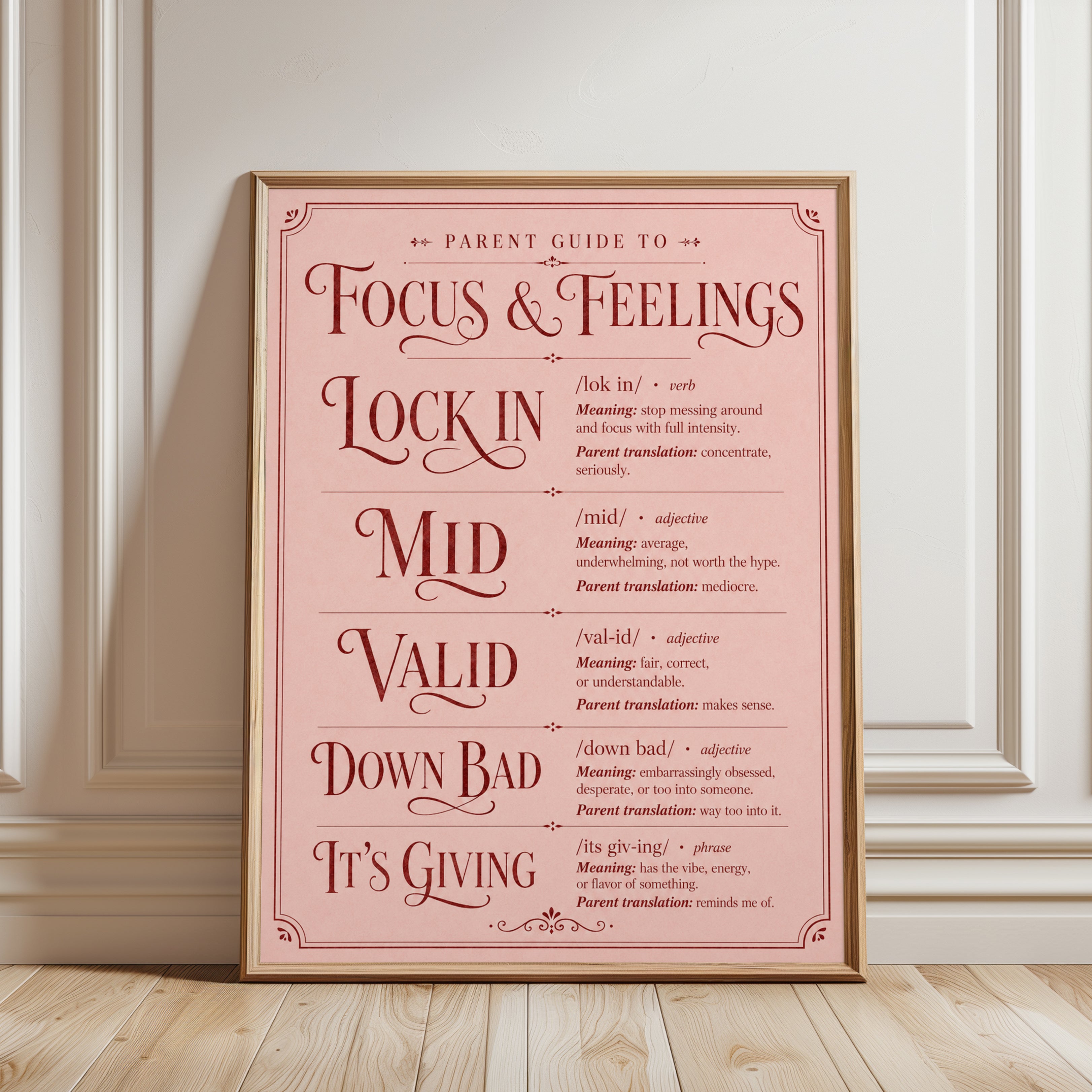 Parent Guide Poster – Parenting Slang Wall Art - framed detail
