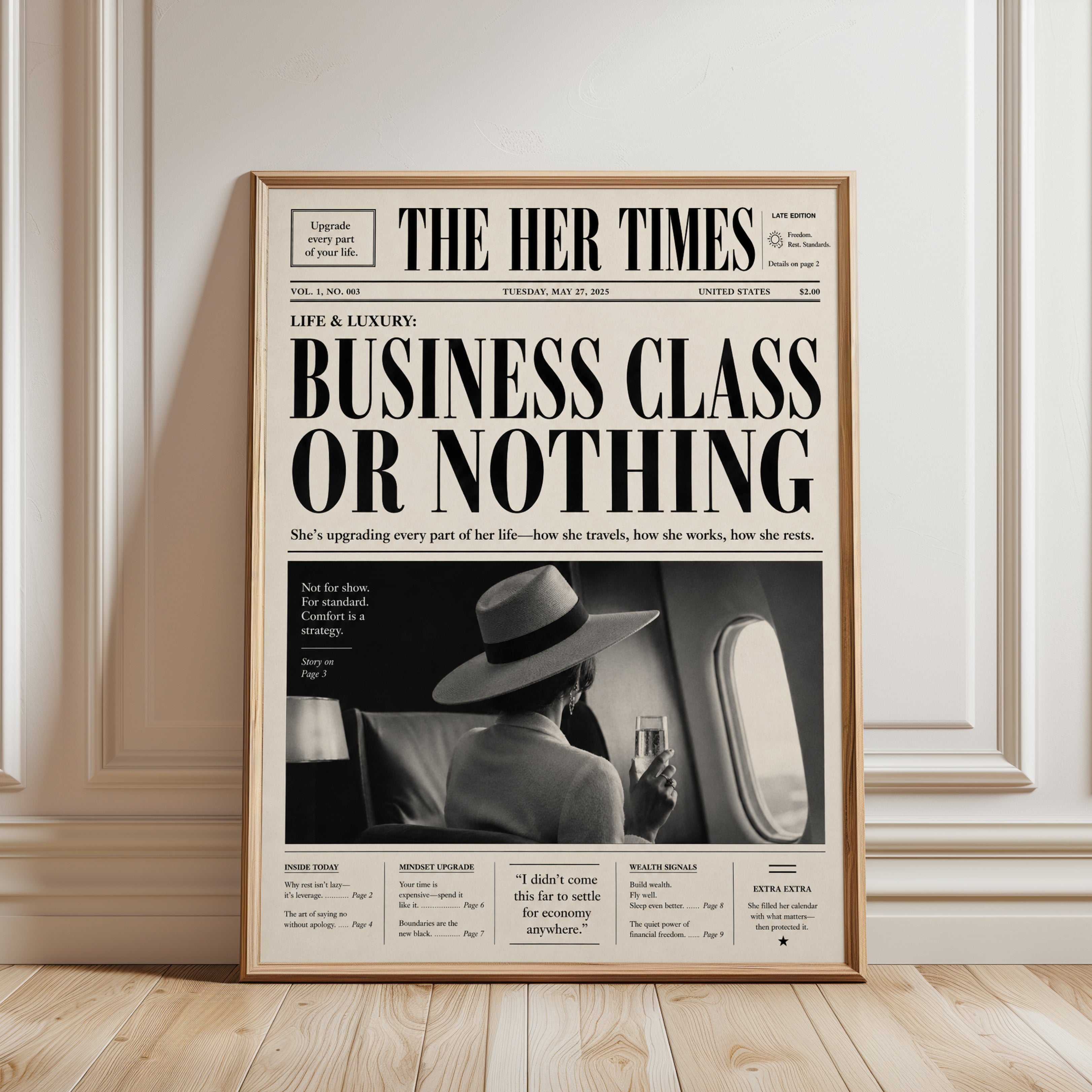 Vintage Newspaper Travel Art – Business Class - framed detail