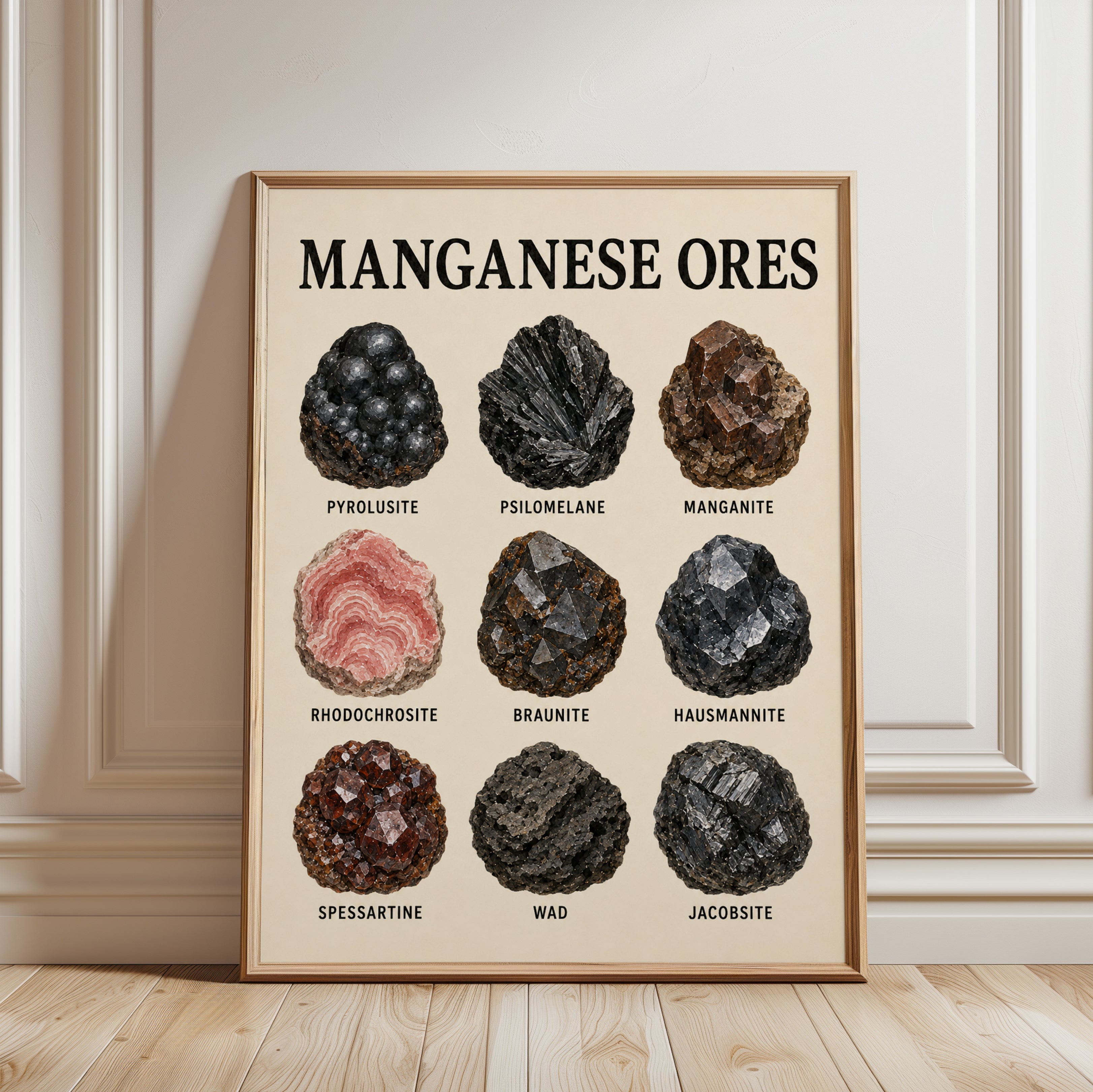 Manganese Ores Educational Poster: Vintage Mineralogy Chart - framed detail