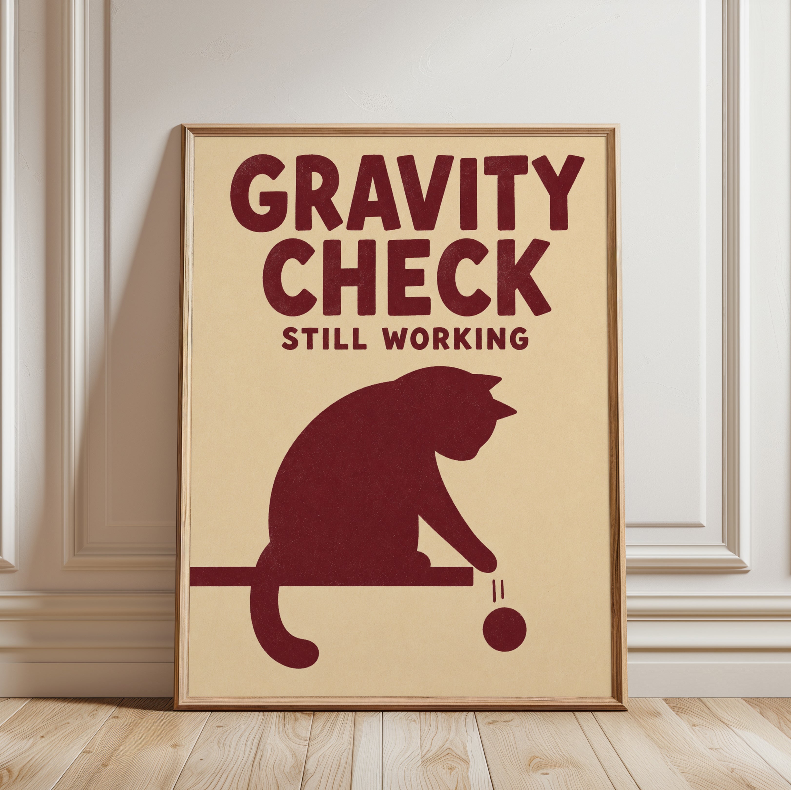 Funny Cat Poster – Gravity Check Still Working - framed detail