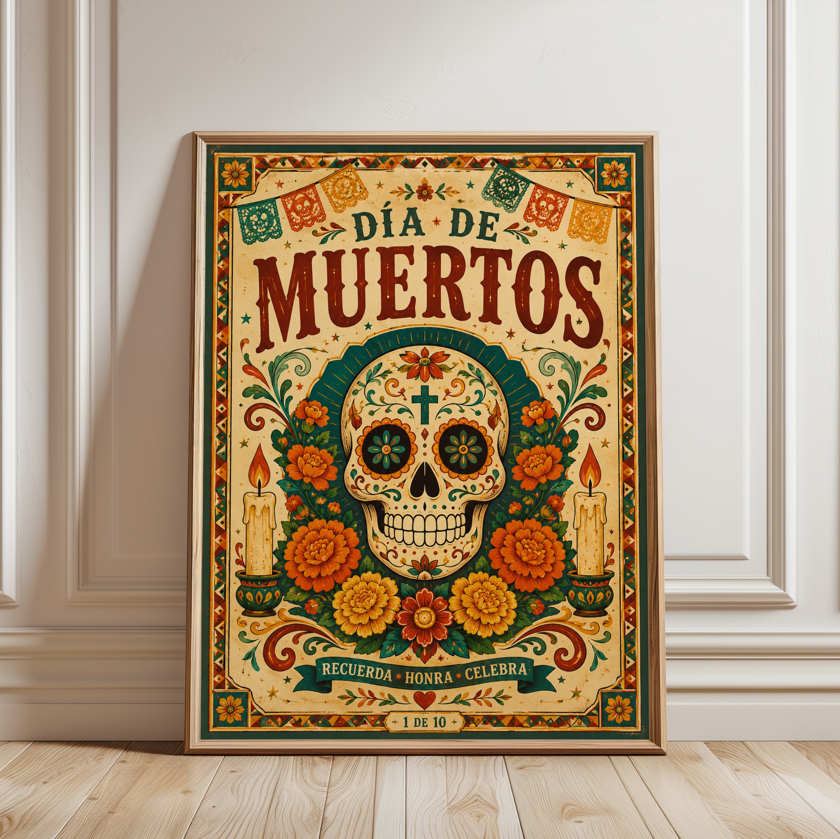 Día de Muertos Art Print: Sugar Skull with Marigolds - framed detail