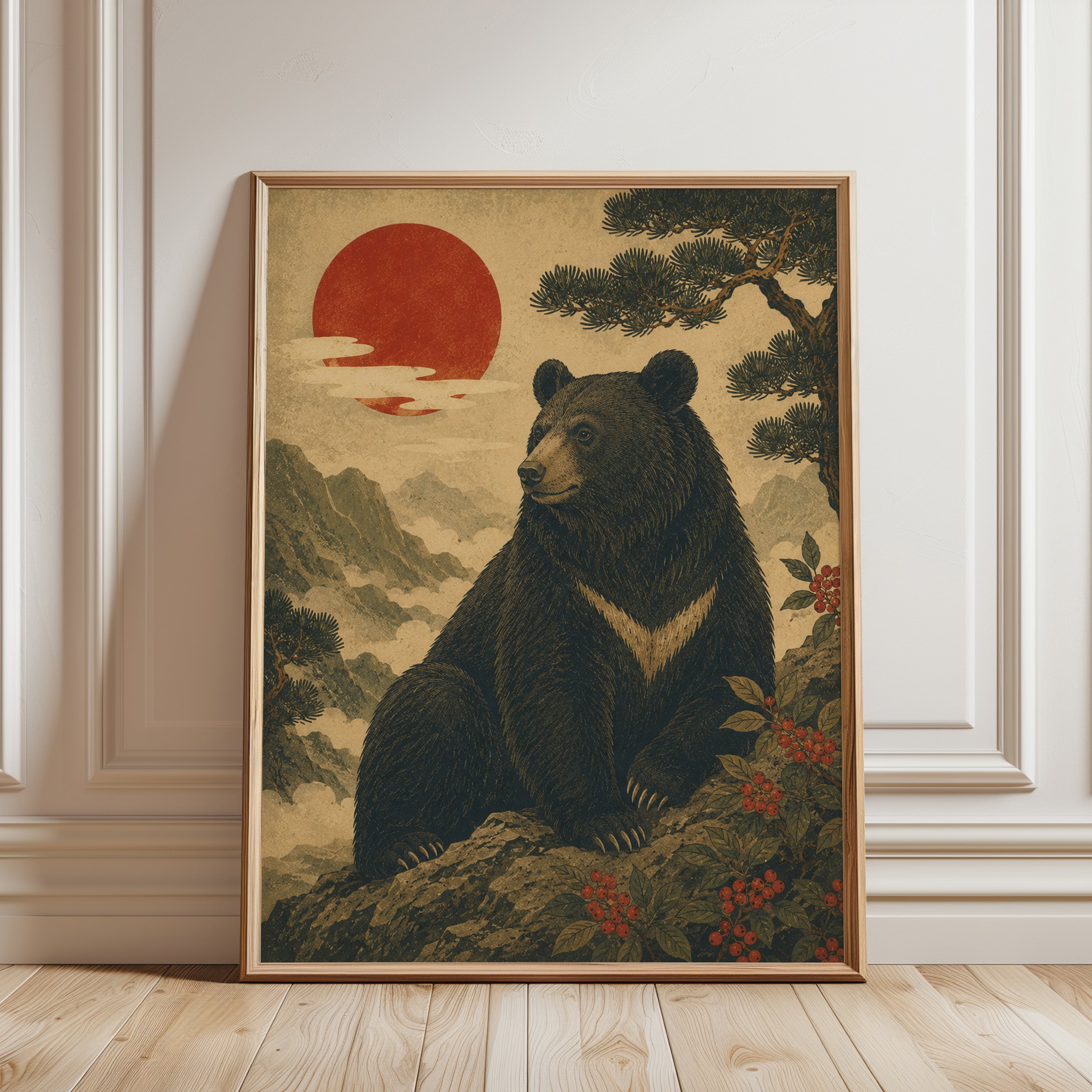 Bear Wall Art Print: Japanese Vintage Style - framed detail