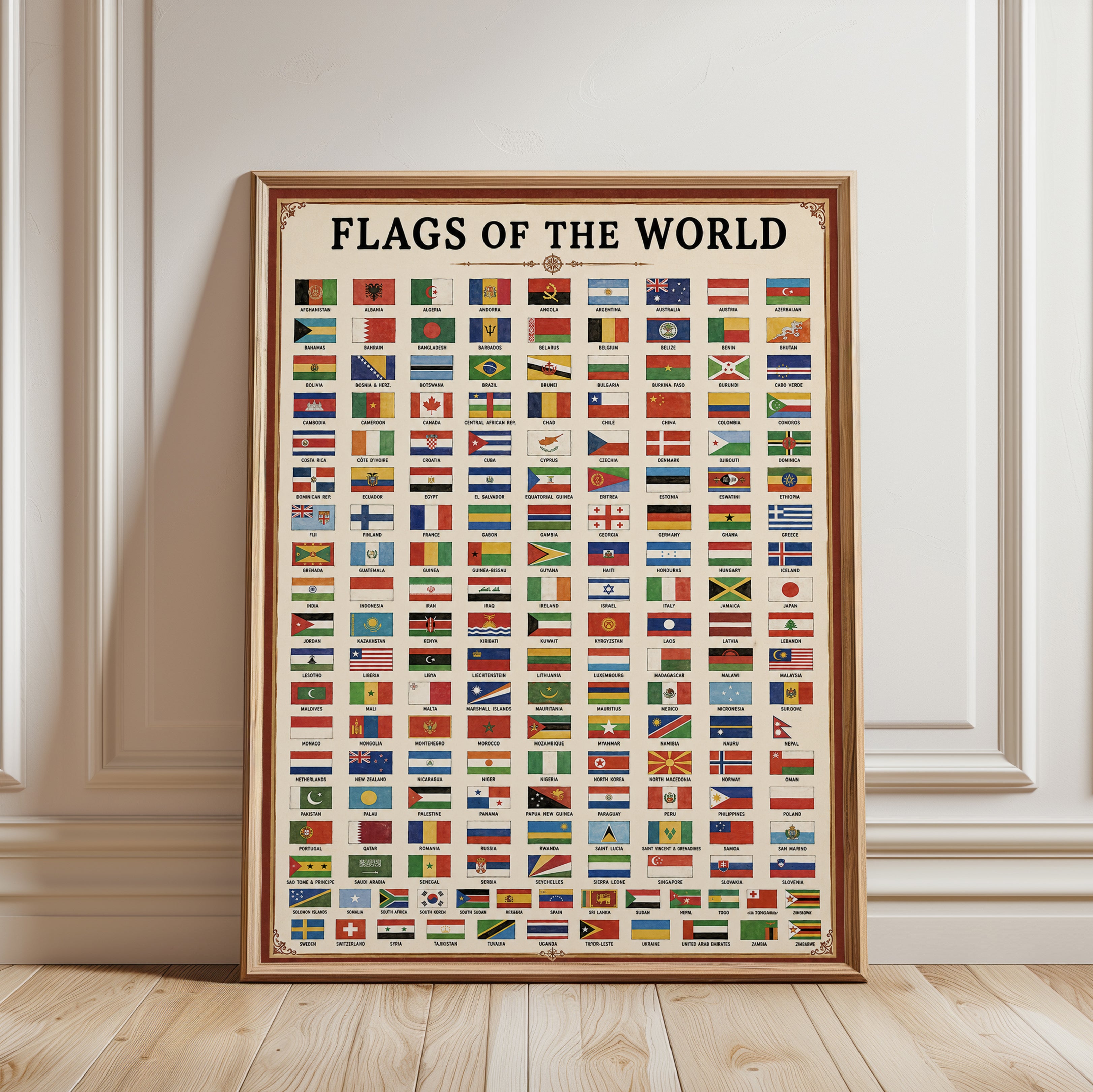 Flags of the World Chart: Vintage Educational Reference Poster - framed detail