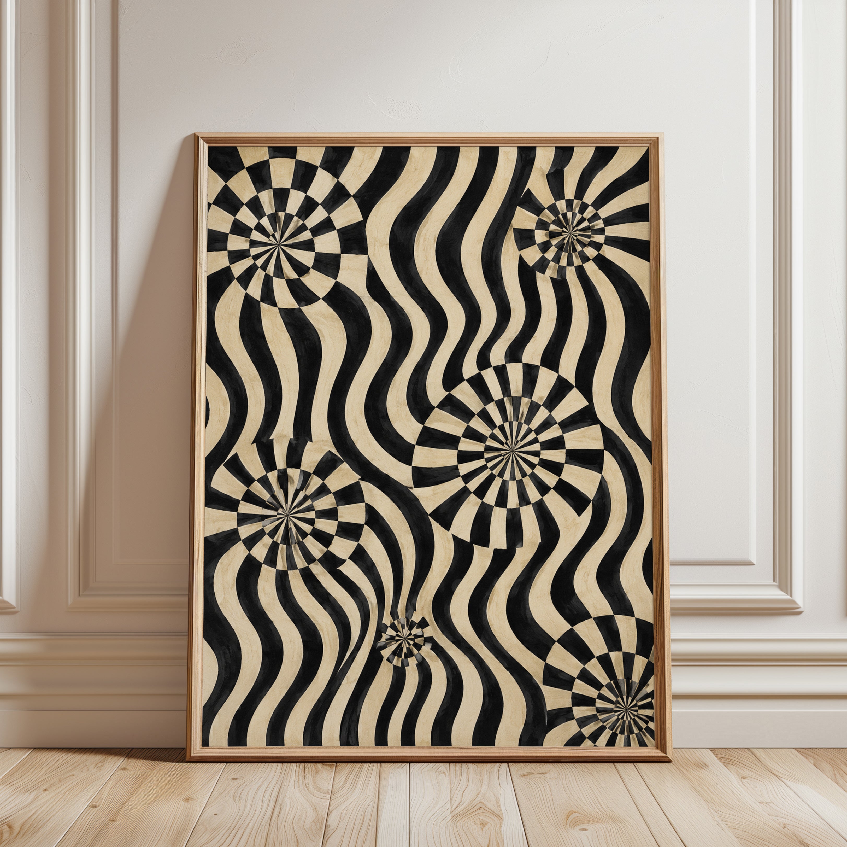 Op Art Spiral Waves Print: Black and Cream Geometric Poster - framed detail