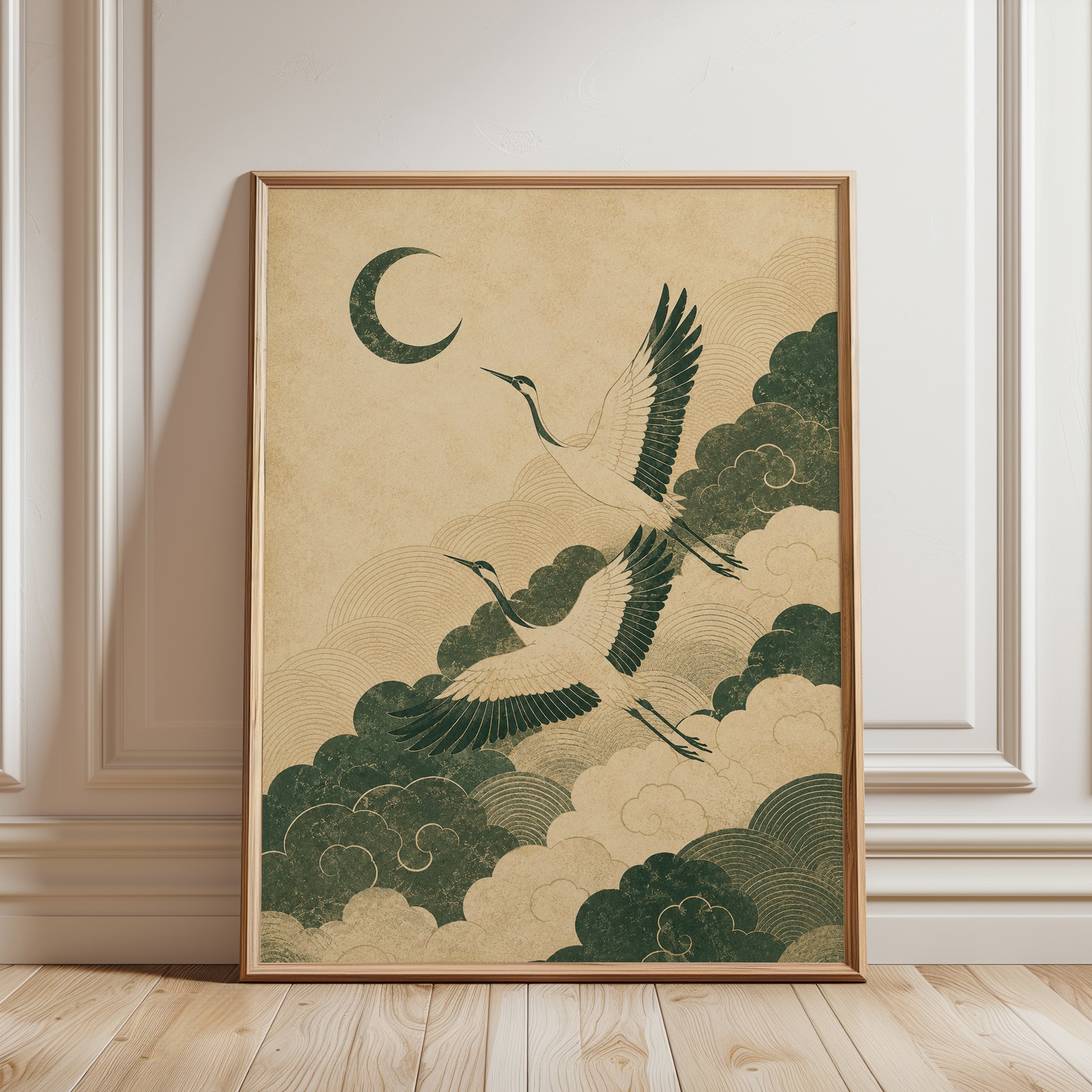 Crane Art Print: Vintage Japanese Moon and Clouds (Living Room Decor) - framed detail