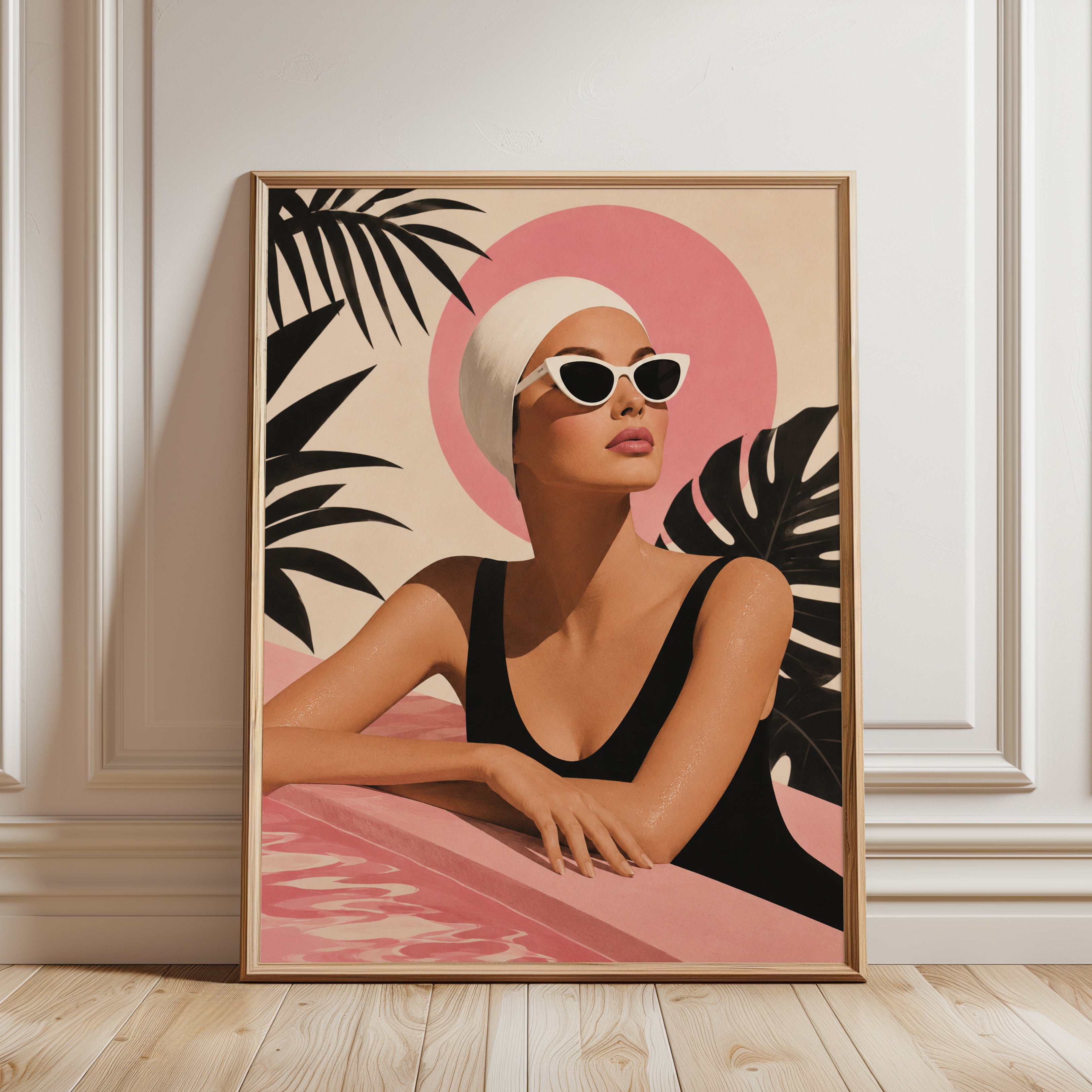Retro Poolside Fashion Print: Mid-Century Modern Summer Art - framed detail