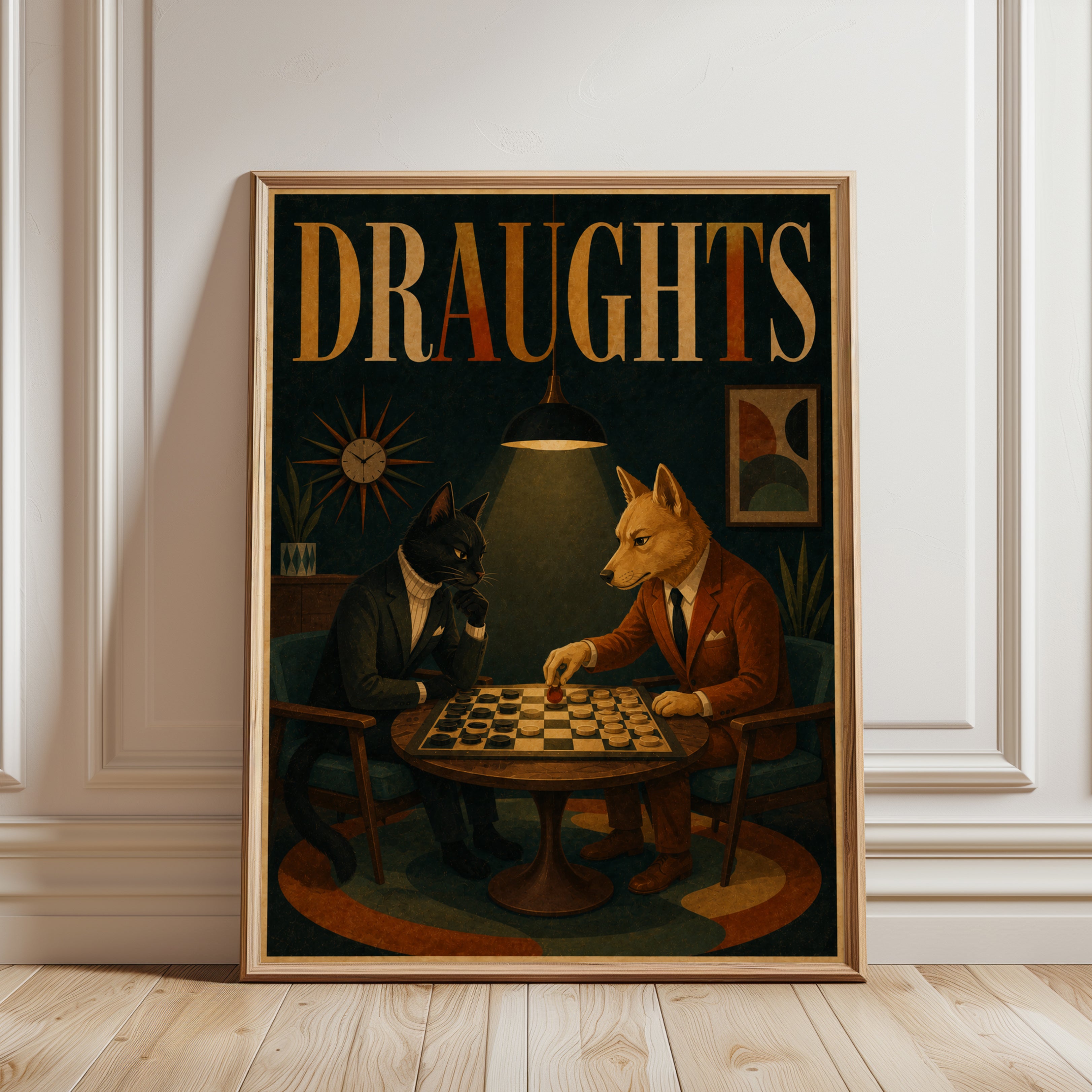 Draughts Game Art Print: Mid-Century Anthropomorphic Animals - framed detail