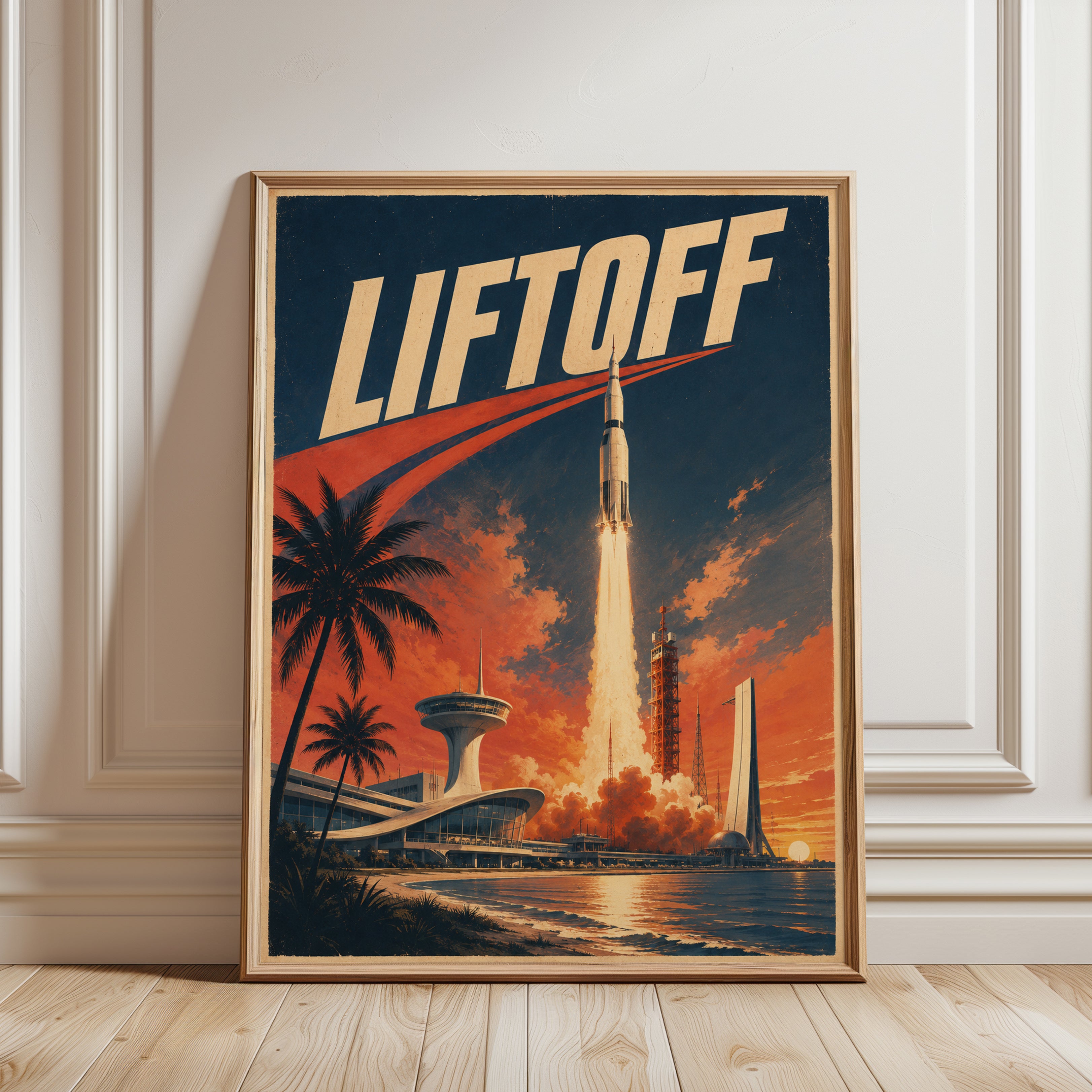 Retro Space Poster – Rocket Launch Print - framed detail