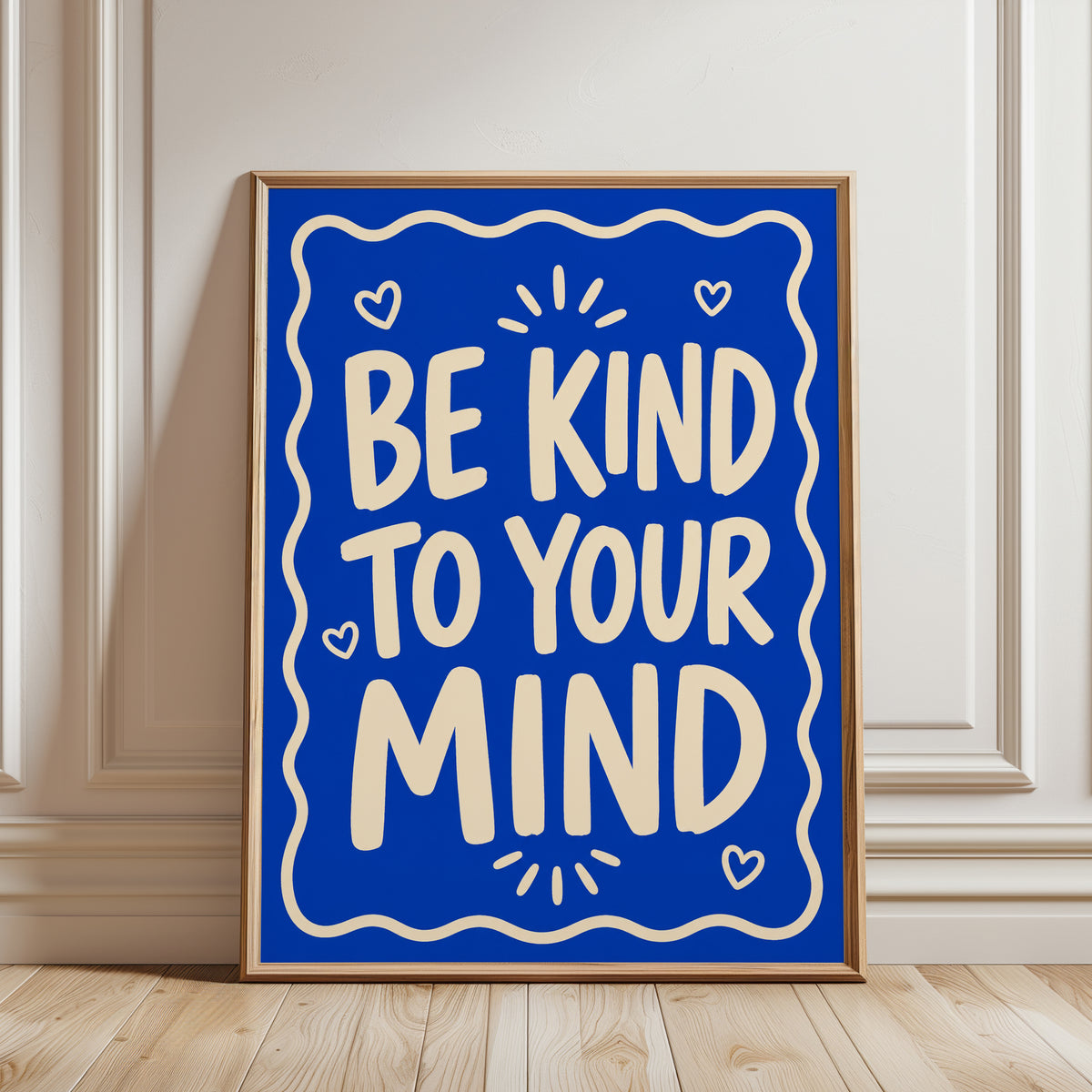 Be Kind To Your Mind Print: Bold Blue Mental Health Quote - framed detail