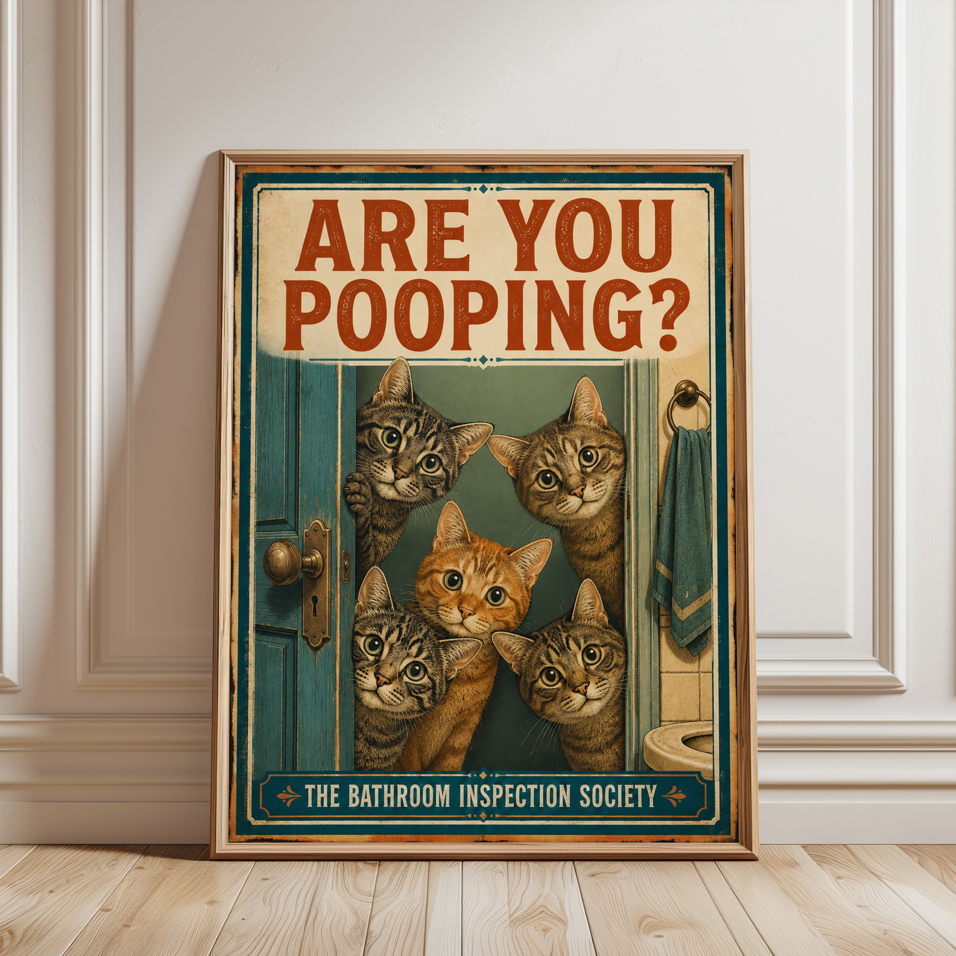 Funny Cat Bathroom Print: Vintage 'Are You Pooping?' Poster - framed detail