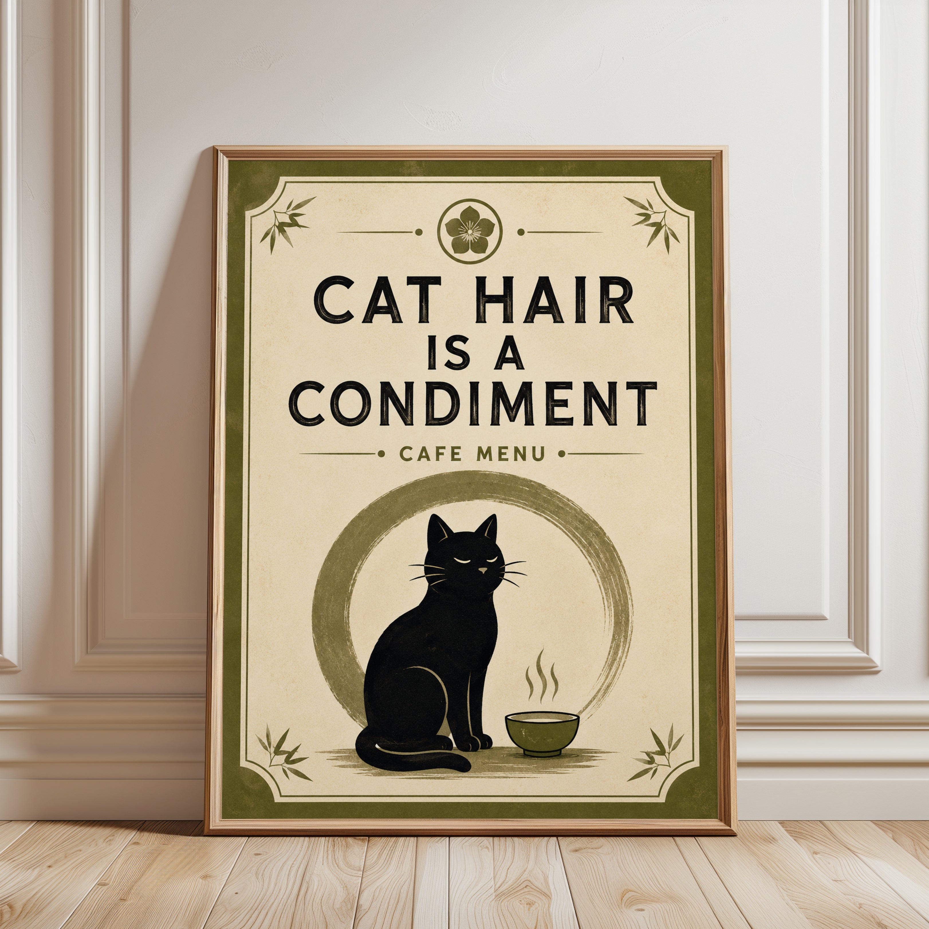 Cat Hair Is A Condiment Print: Vintage Cafe Menu Wall Art - framed detail