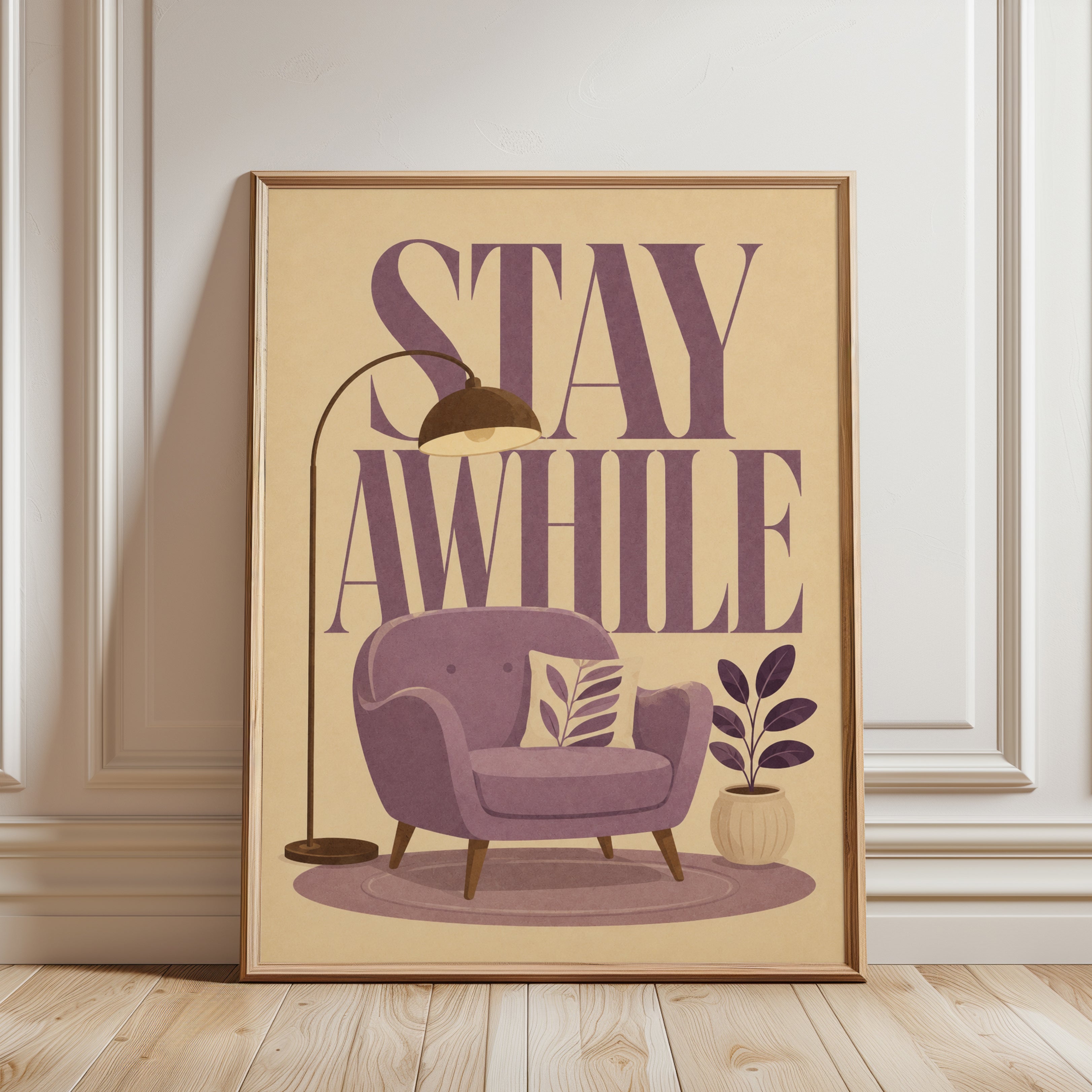 Stay Awhile Retro Lounge Art Print: Mid Century Modern Purple - framed detail