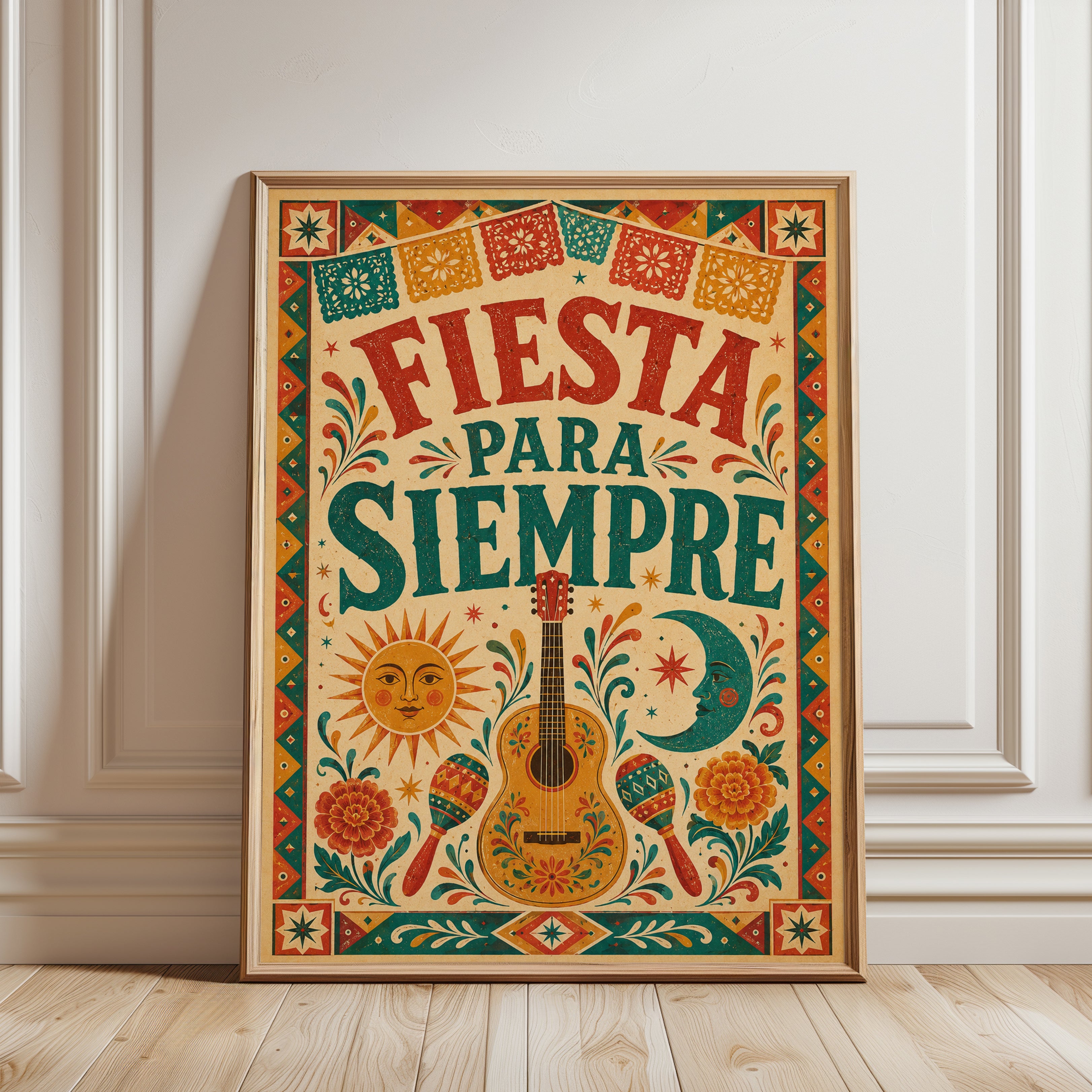 Fiesta Para Siempre Print: Colorful Mexican Folk Art Wall Decor - framed detail