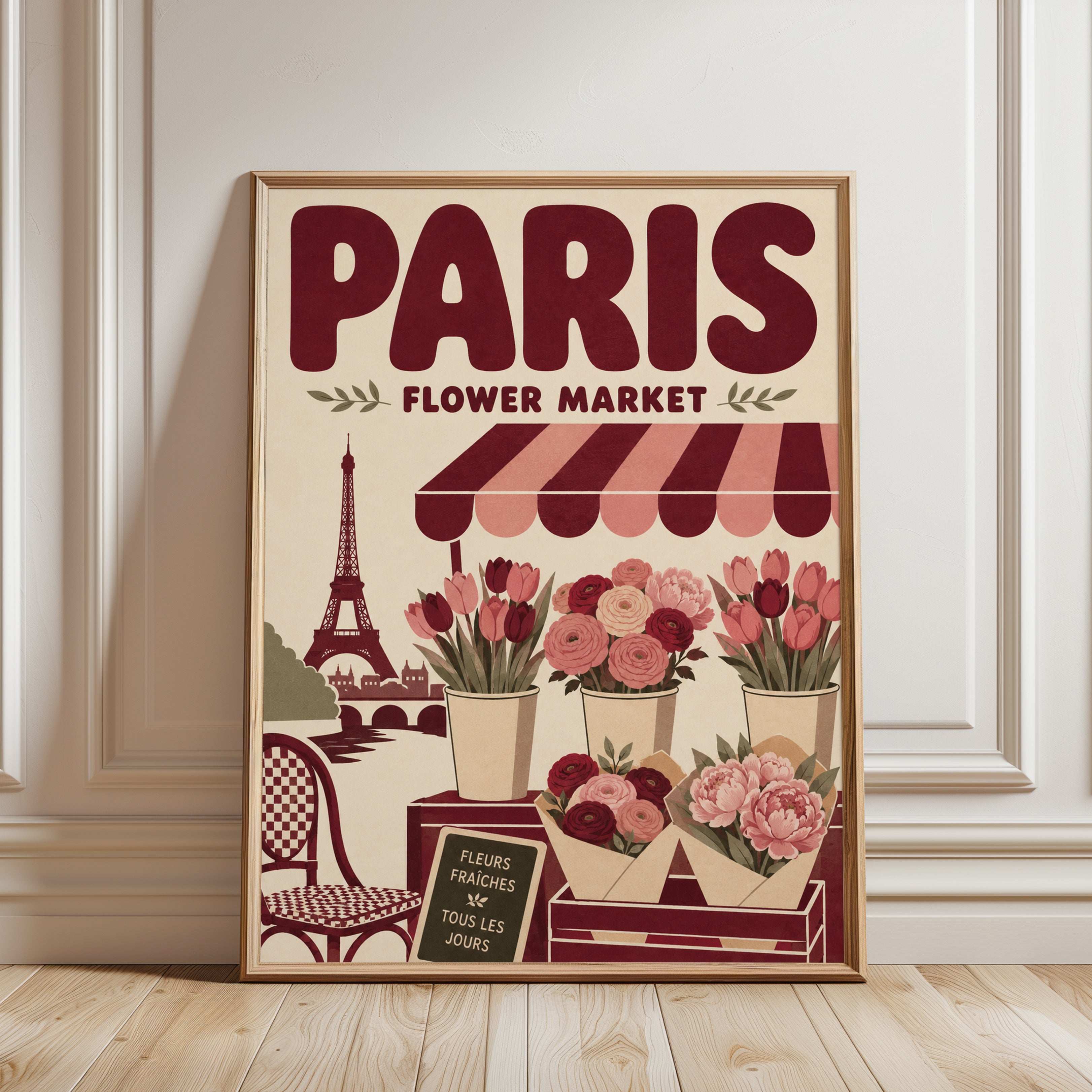 Vintage Paris Wall Art: Flower Market Scene - framed detail