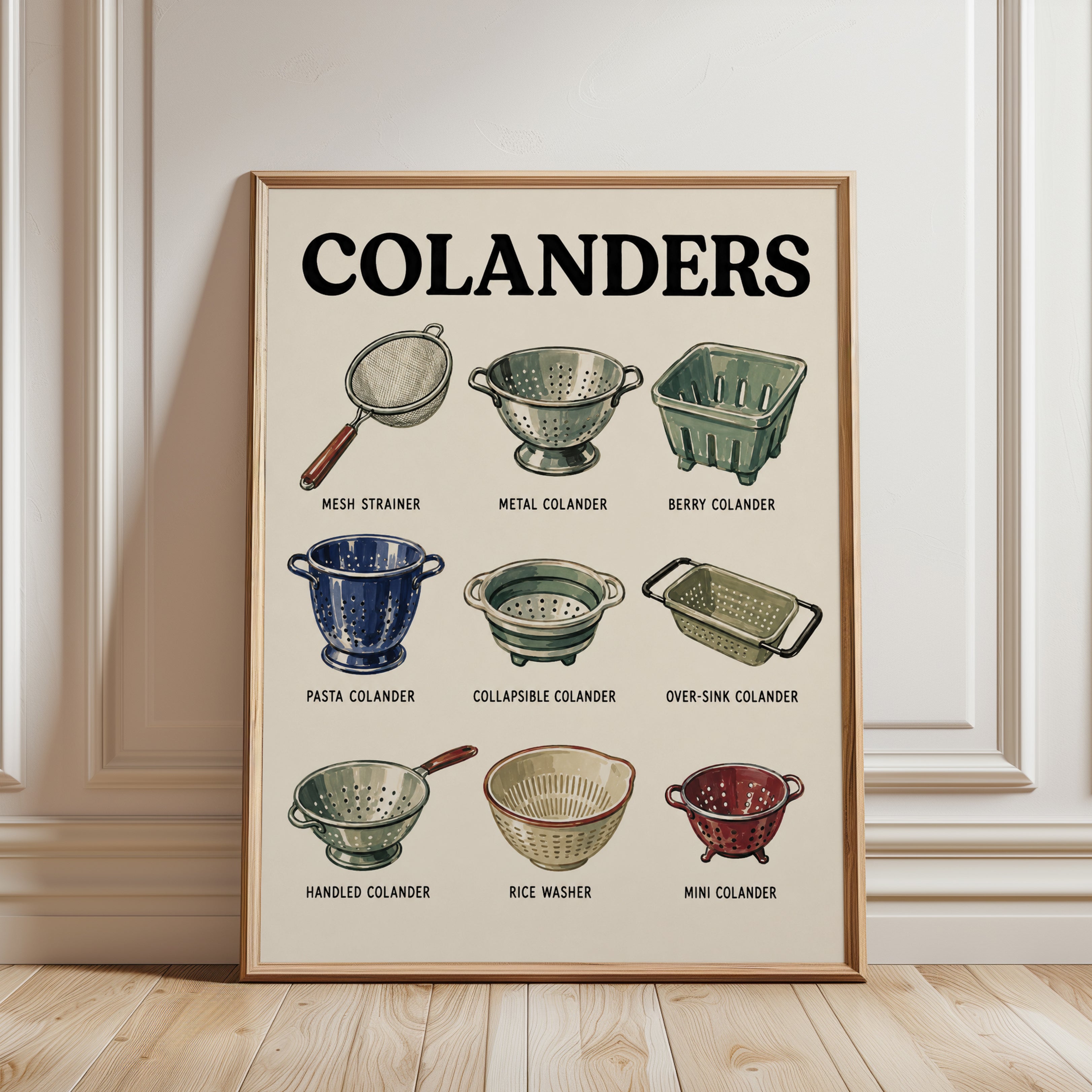 Vintage Colanders Kitchen Art Print: Retro Culinary Guide - framed detail