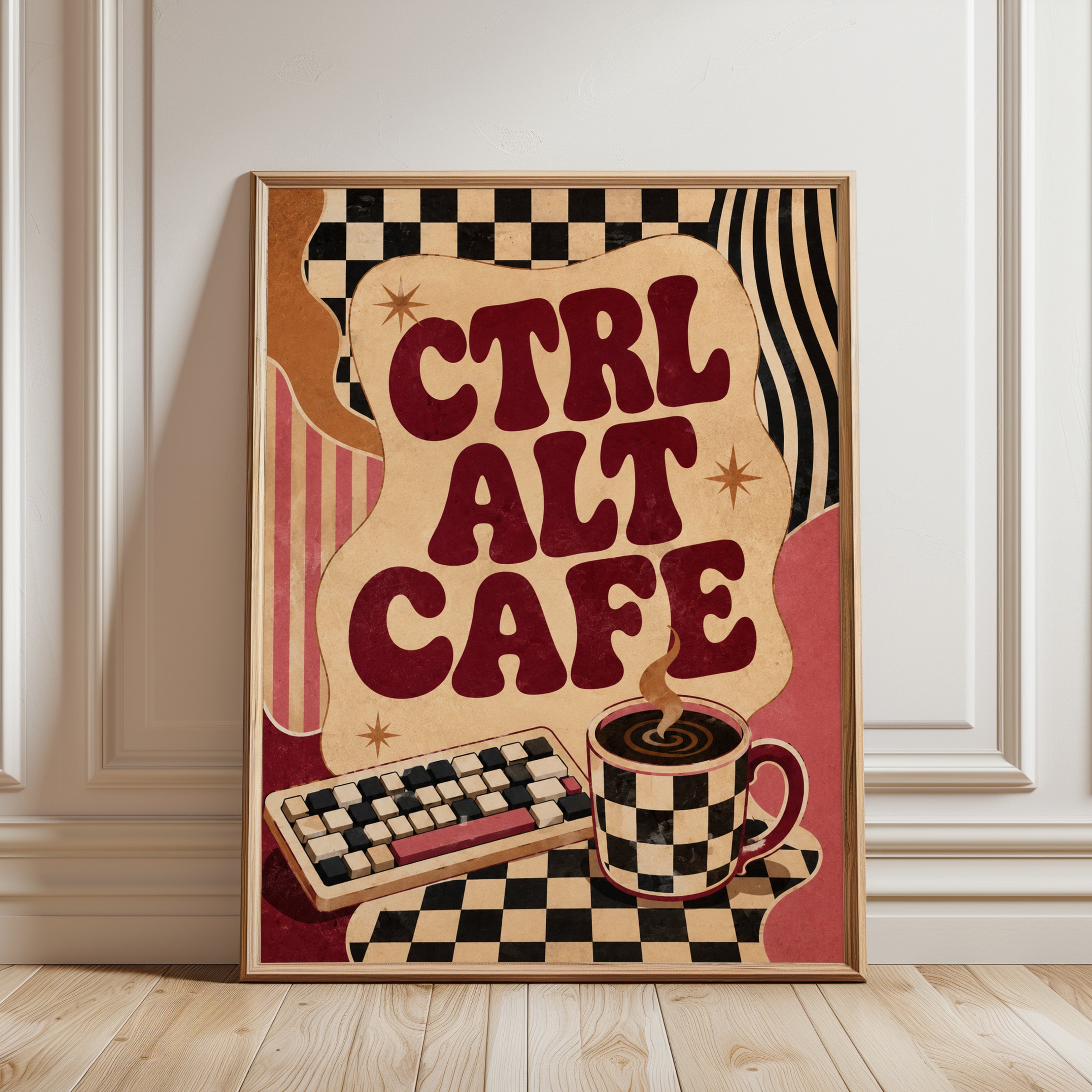 Cafe Wall Art: Retro Keyboard and Coffee - framed detail