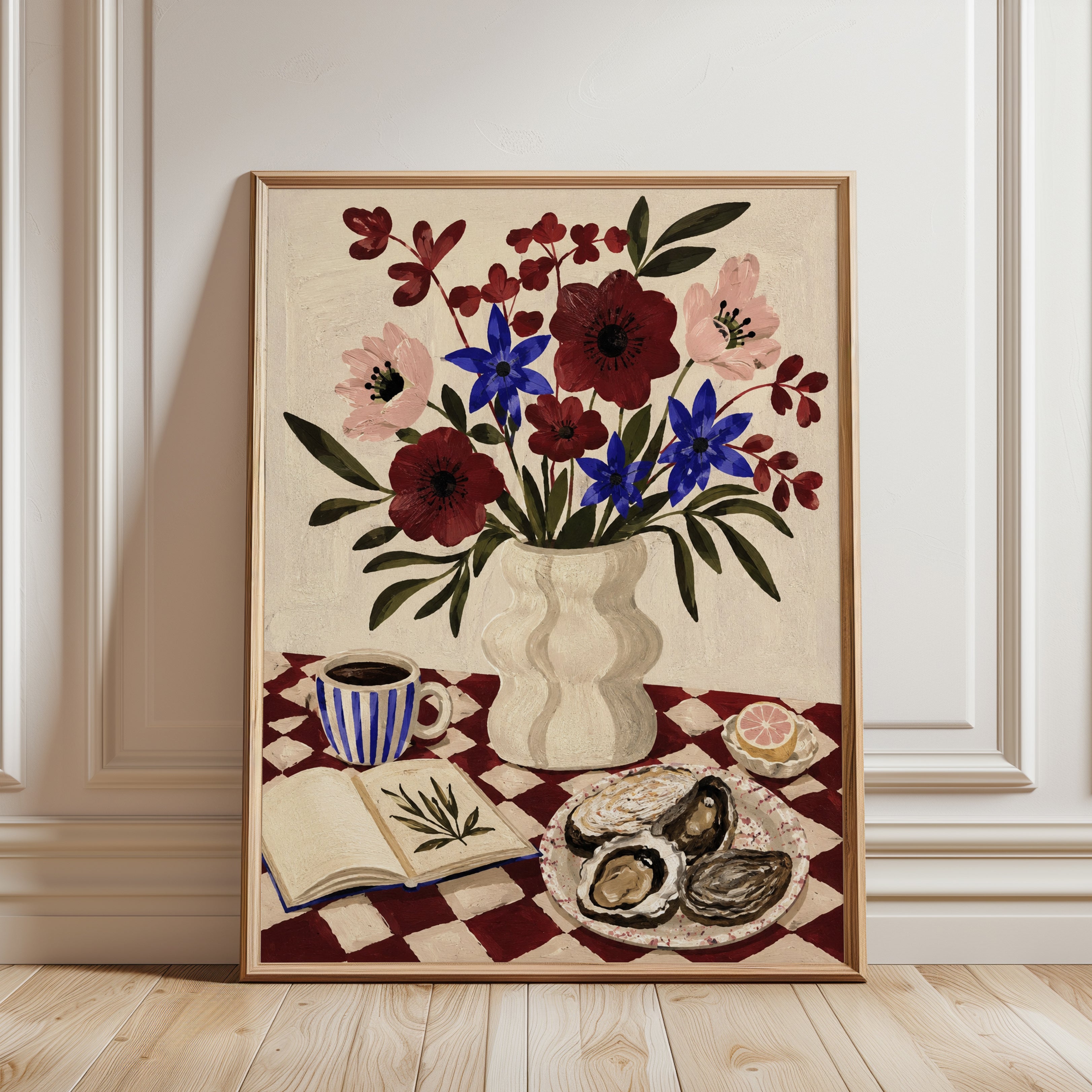 Folk Art Floral Still Life Print – Vintage Vase - framed detail