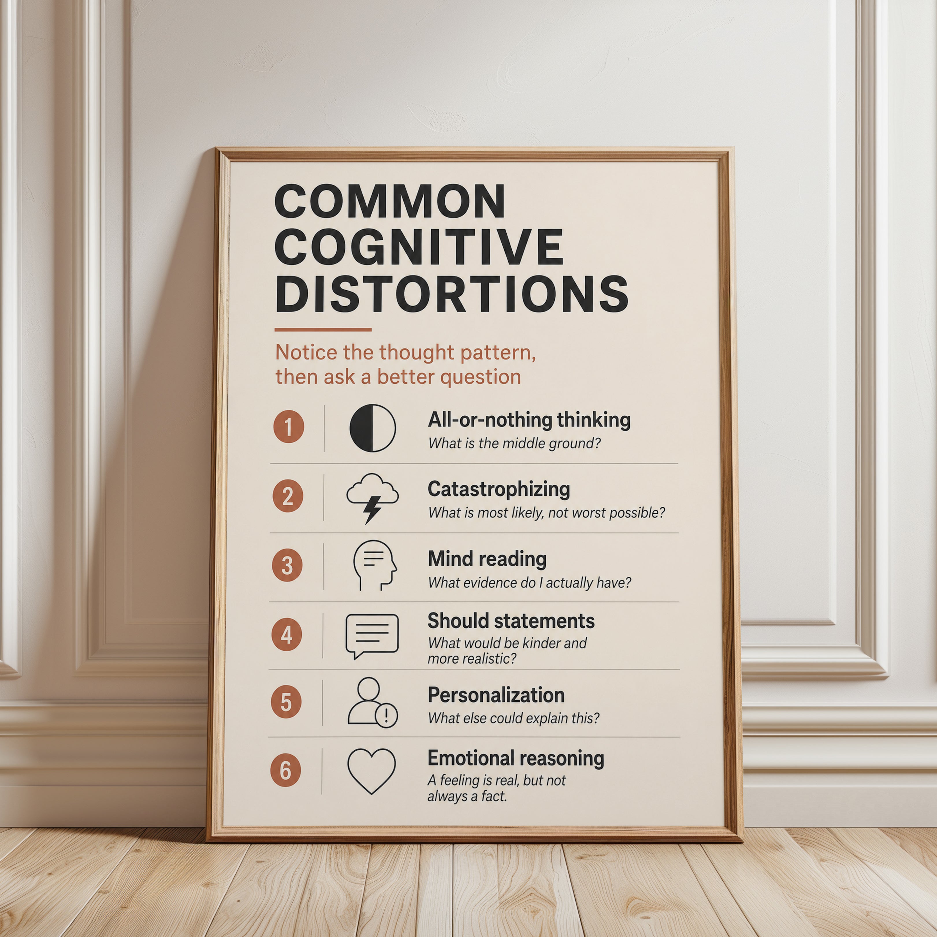 Cognitive Distortions Chart: Mental Health Print with Therapy Tools - framed detail