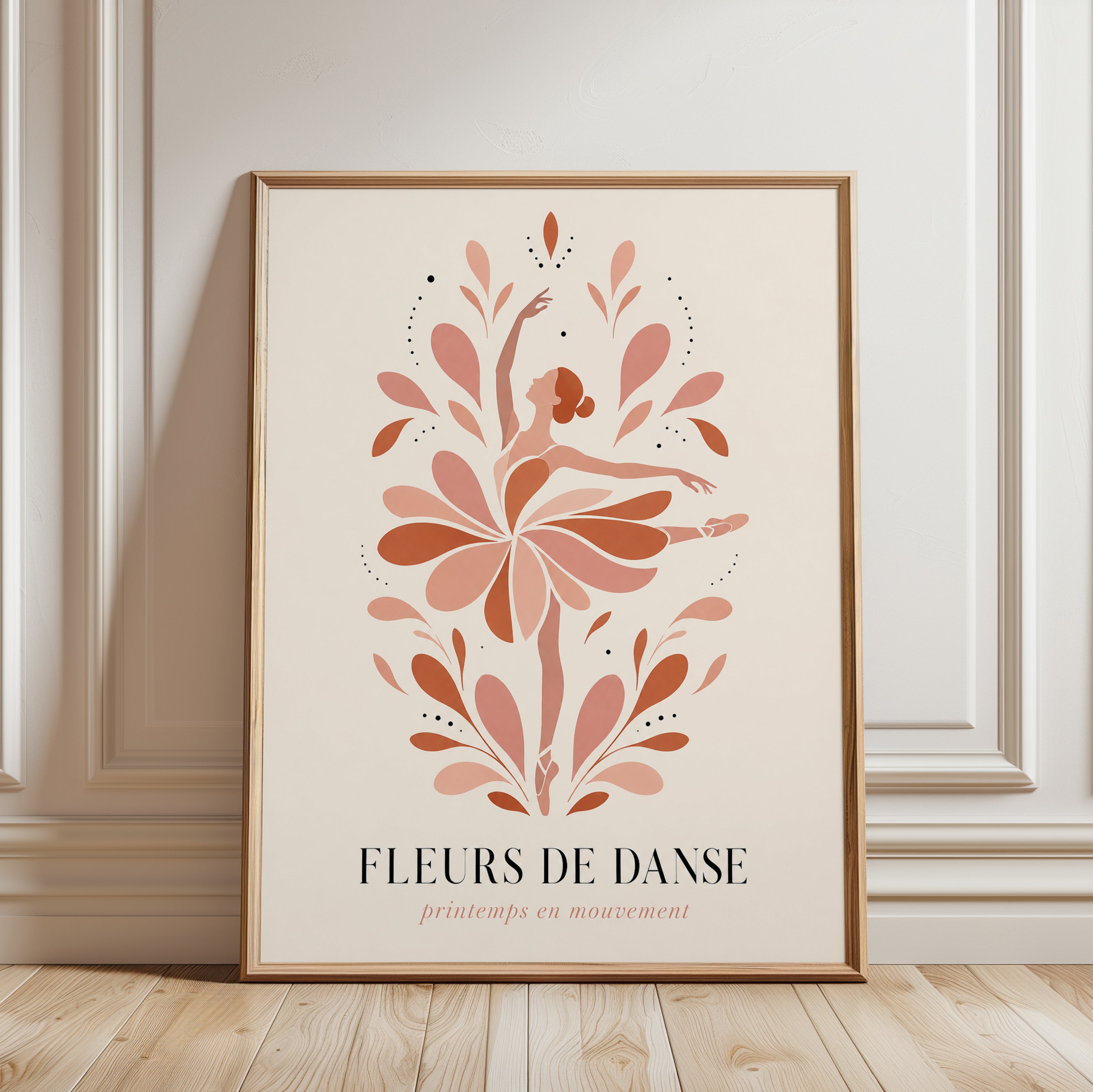 Fleurs De Danse Art Print: Art Deco Dancer in Terracotta Blooms - framed detail
