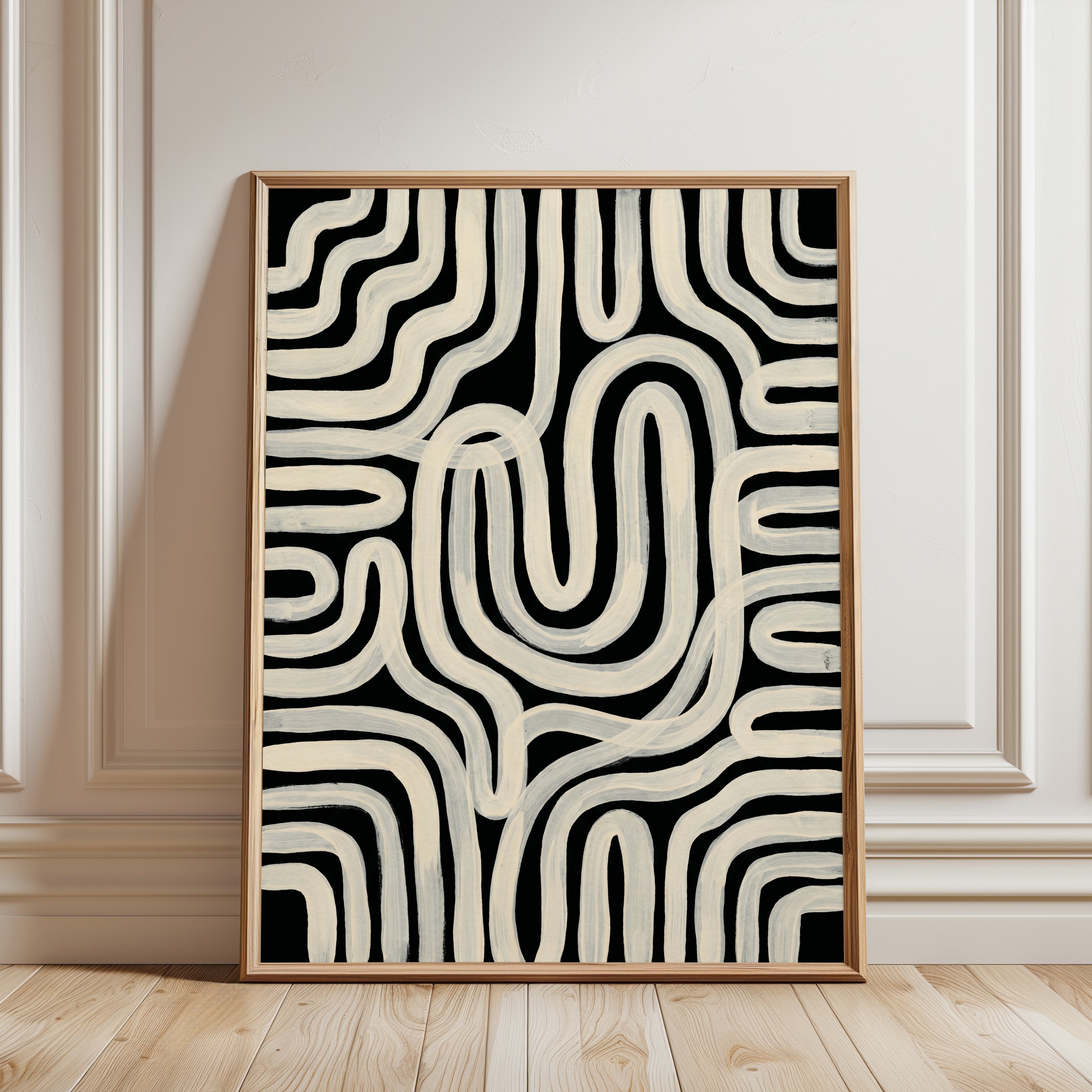 Modern Abstract Wall Art: Black and White Curves - framed detail