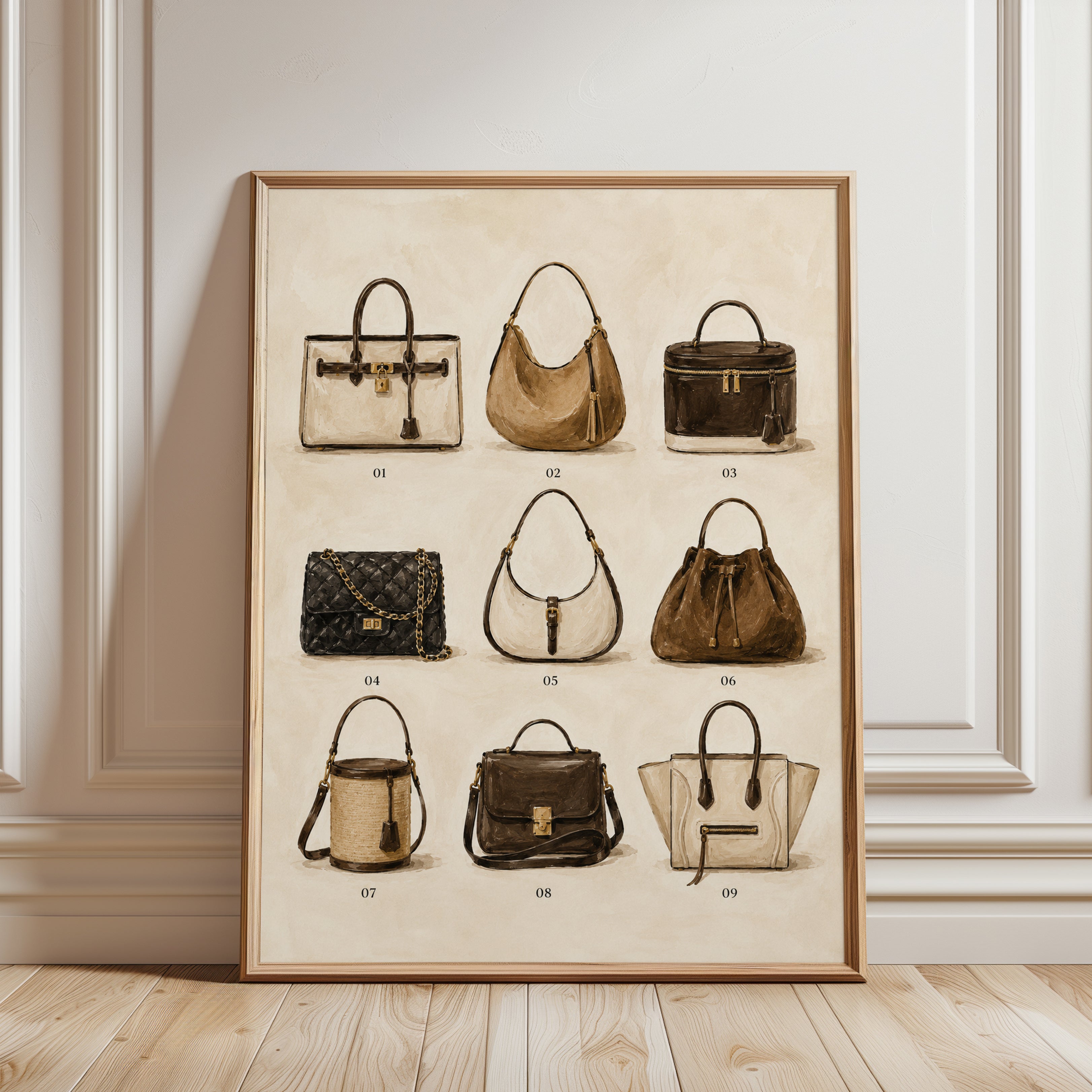 Designer Handbag Collection Art Print: Watercolor Fashion Illustration - framed detail