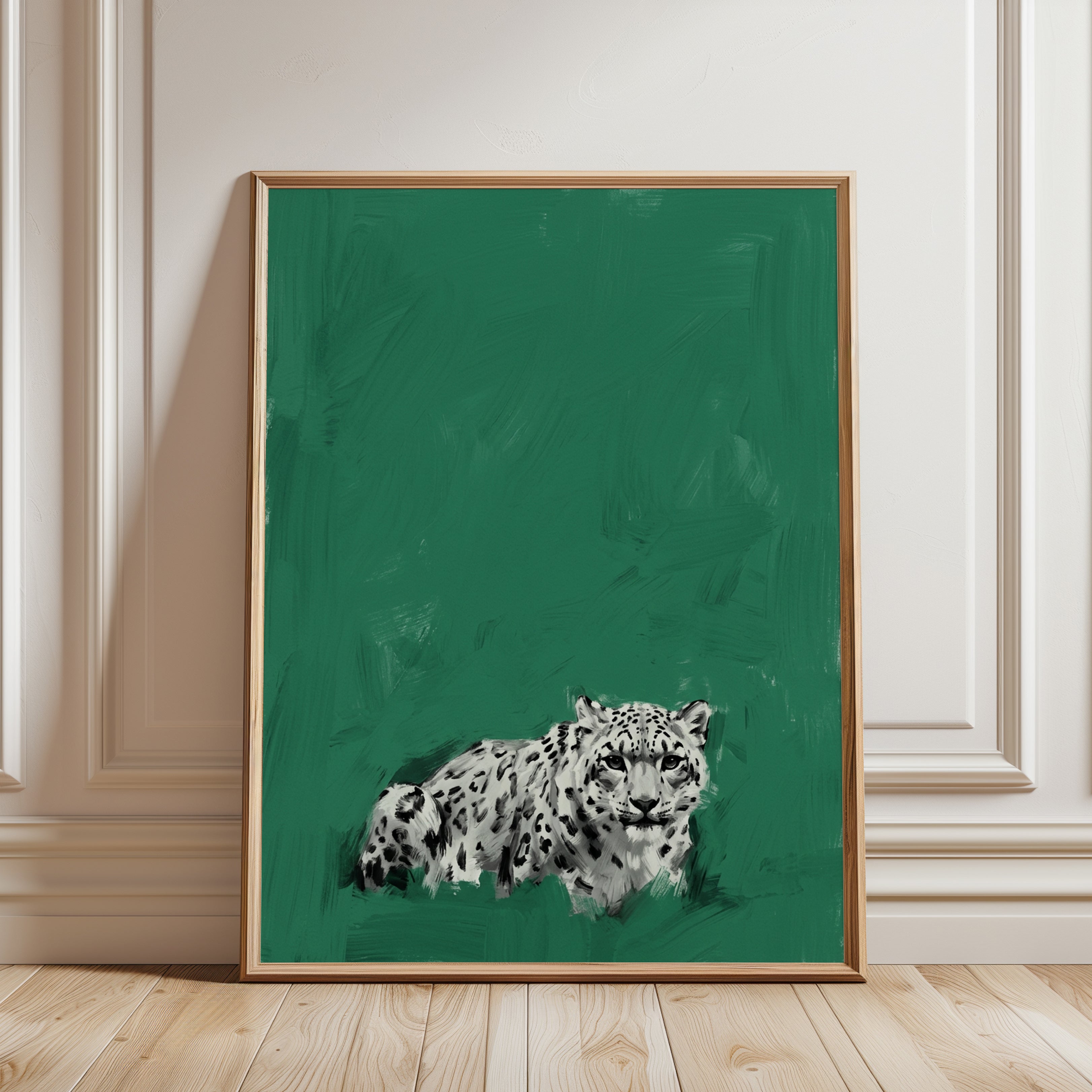 Snow Leopard Art Print: Minimalist Green Wildlife Painting - framed detail