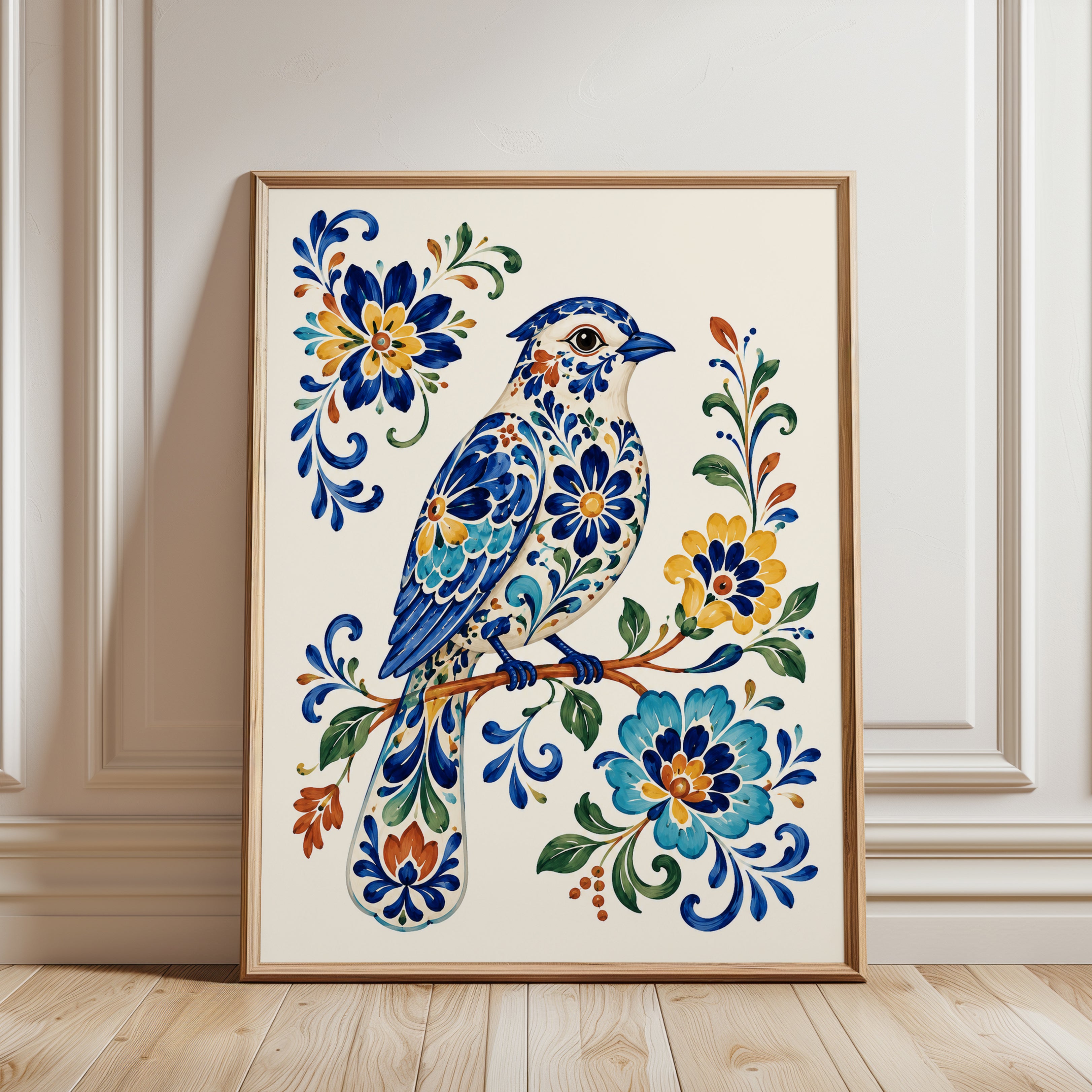 Folk Art Bird Print – Decorative Floral Wall Art - framed detail