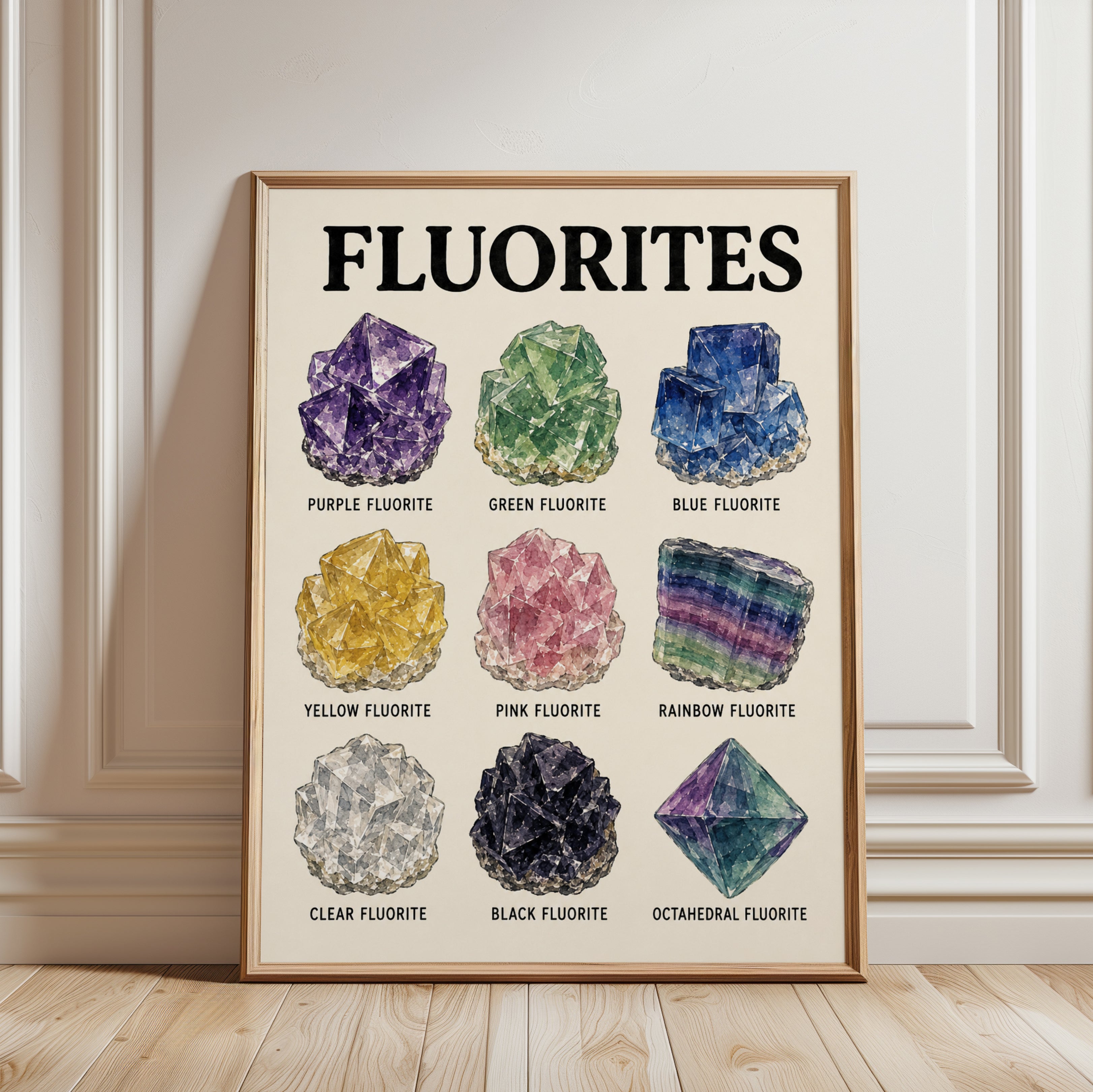 Fluorite Crystal Collection Print: Watercolor Mineral Specimens - framed detail