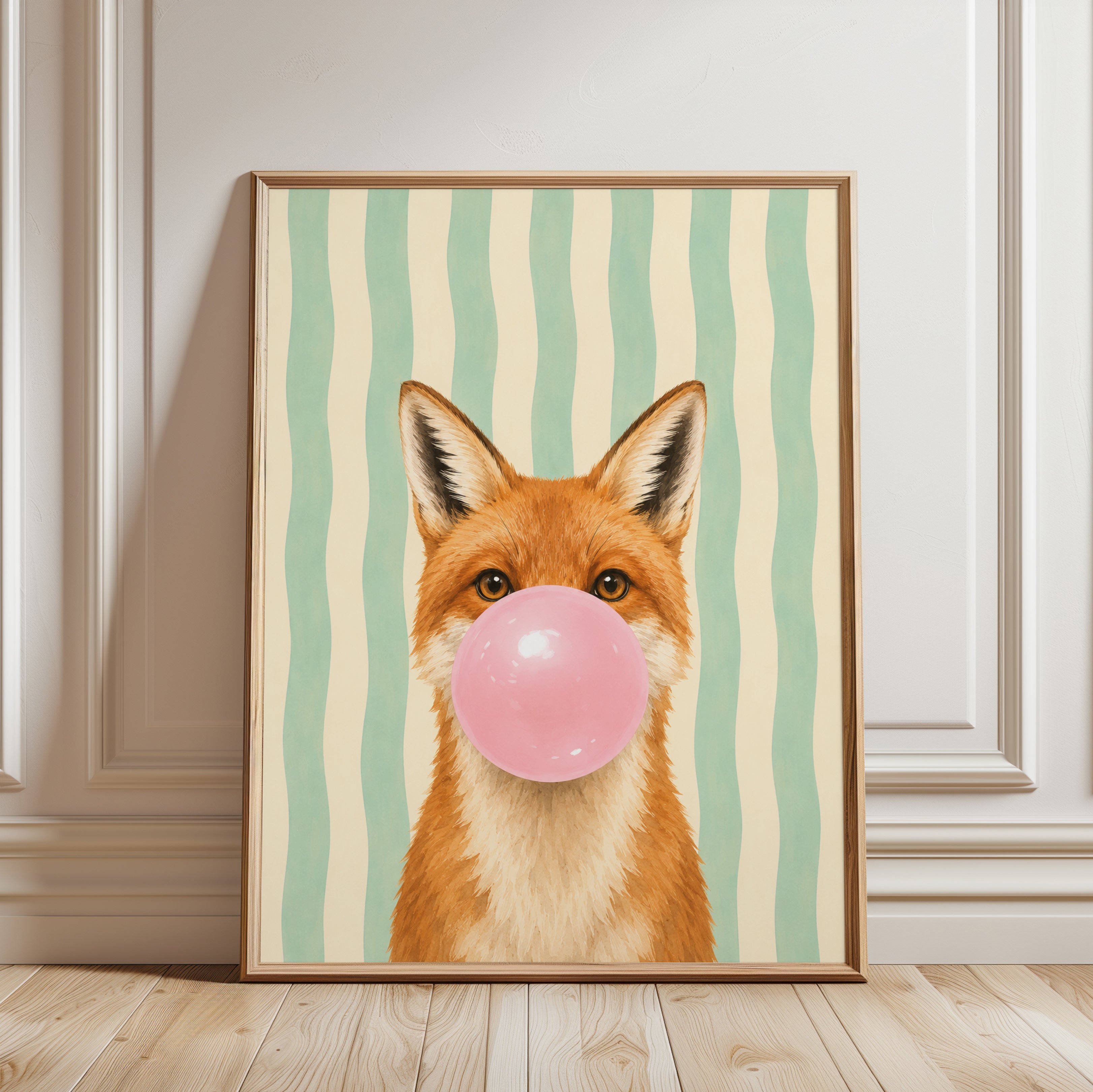 Fox Bubble Gum Print – Animal Nursery Wall Art - framed detail