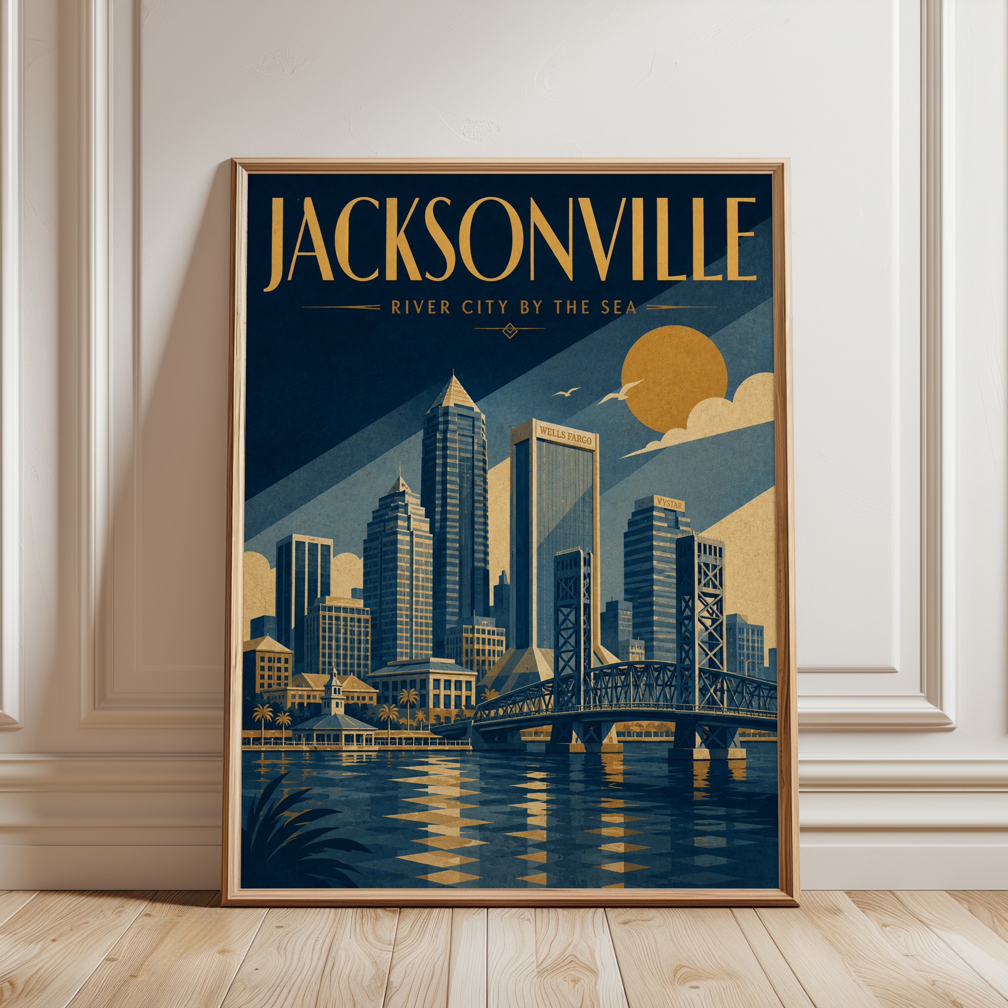 Jacksonville Skyline Poster: Art Deco Travel Print in Blue and Gold - framed detail