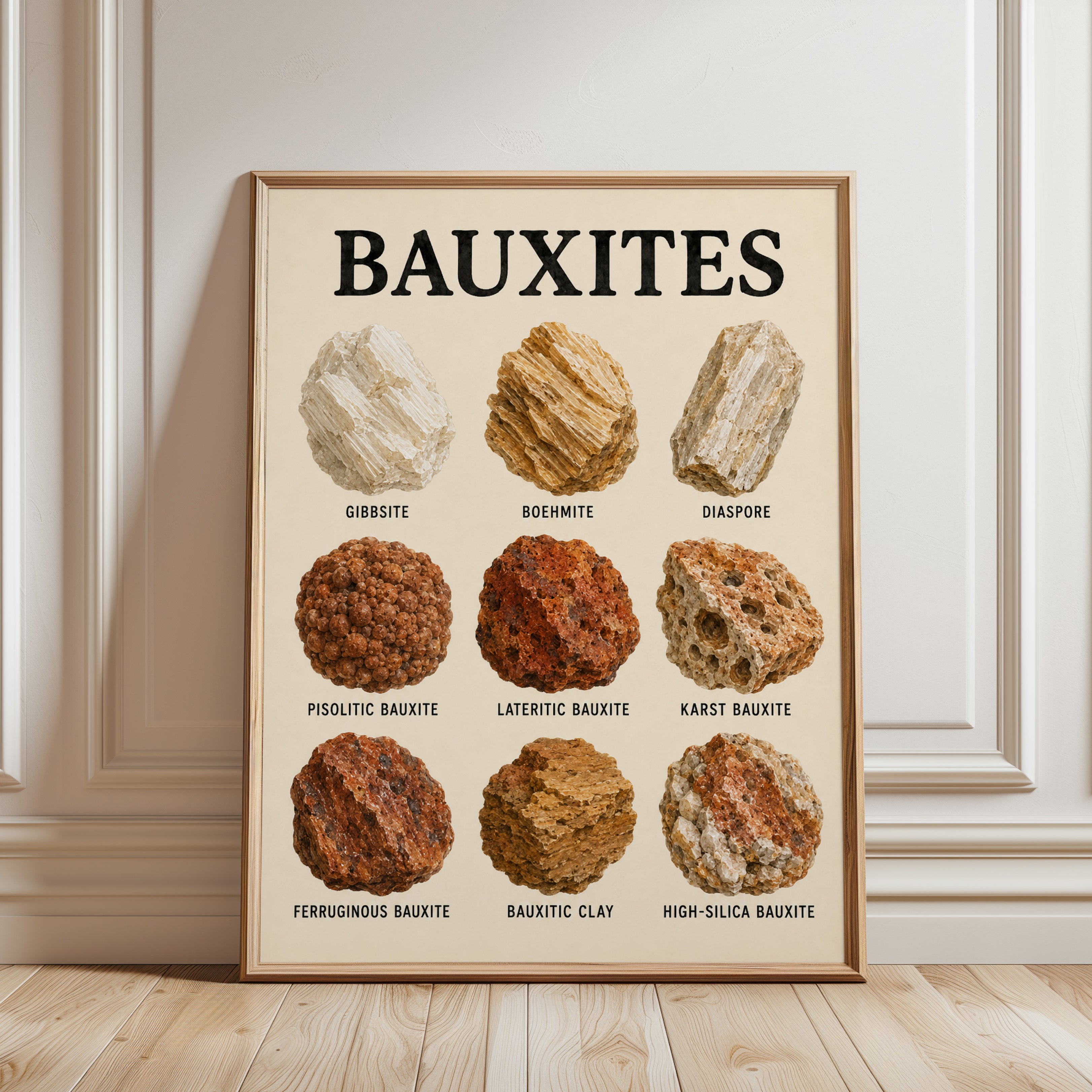 Bauxite Mineral Collection Poster: Vintage Educational Chart - framed detail