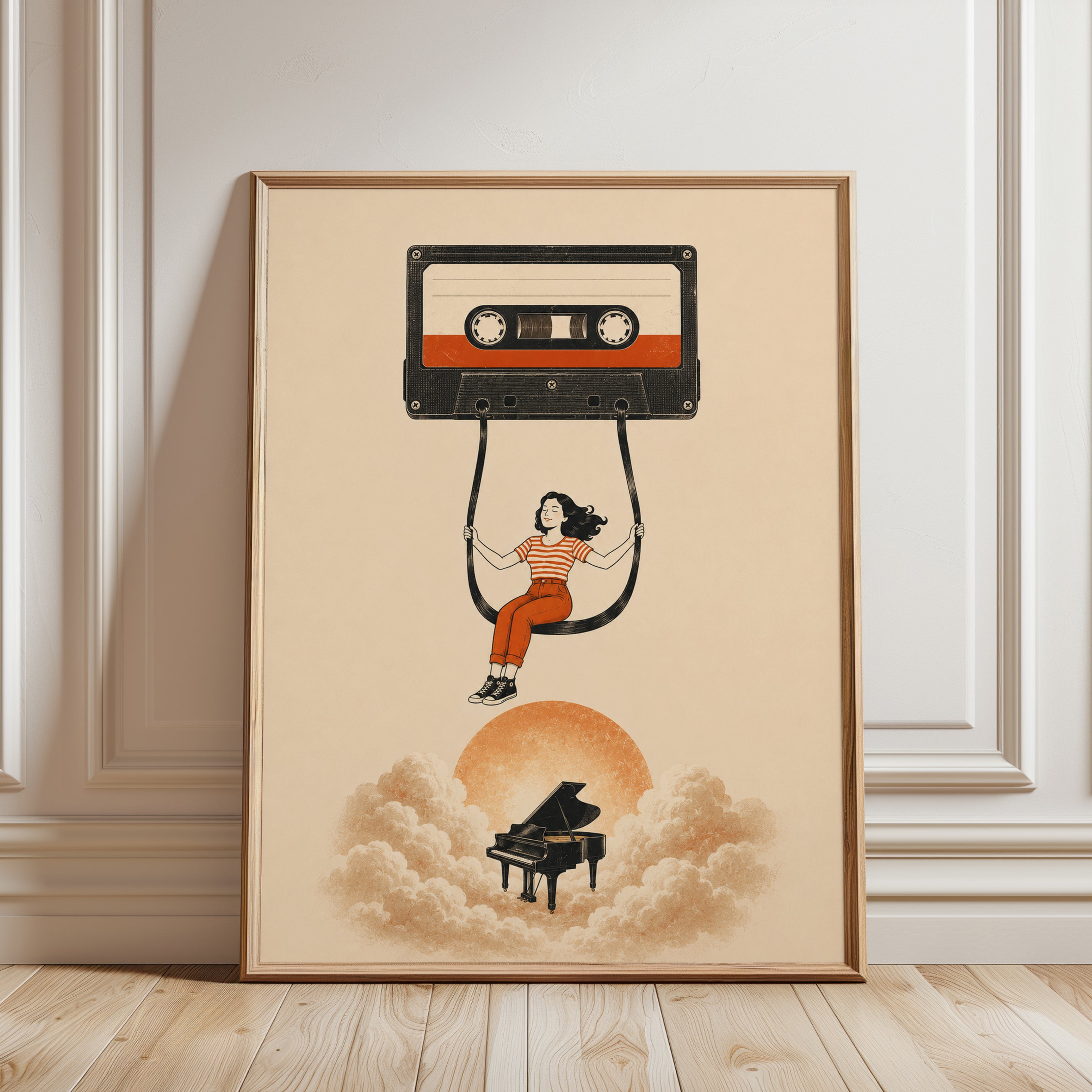 Whimsical Cassette Tape Art Print - framed detail