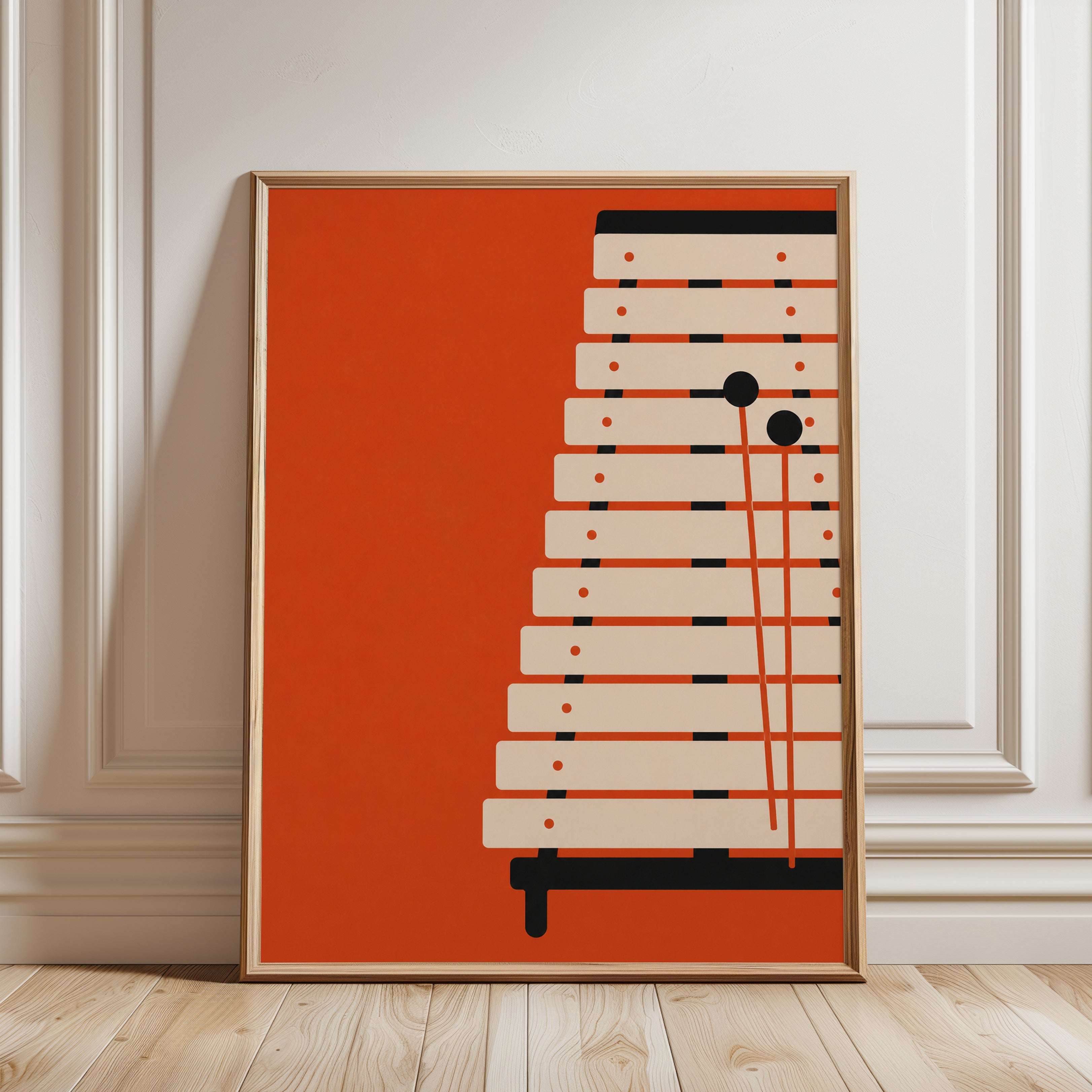 Xylophone Art Print: Mid Century Modern Orange Geometric Design - framed detail