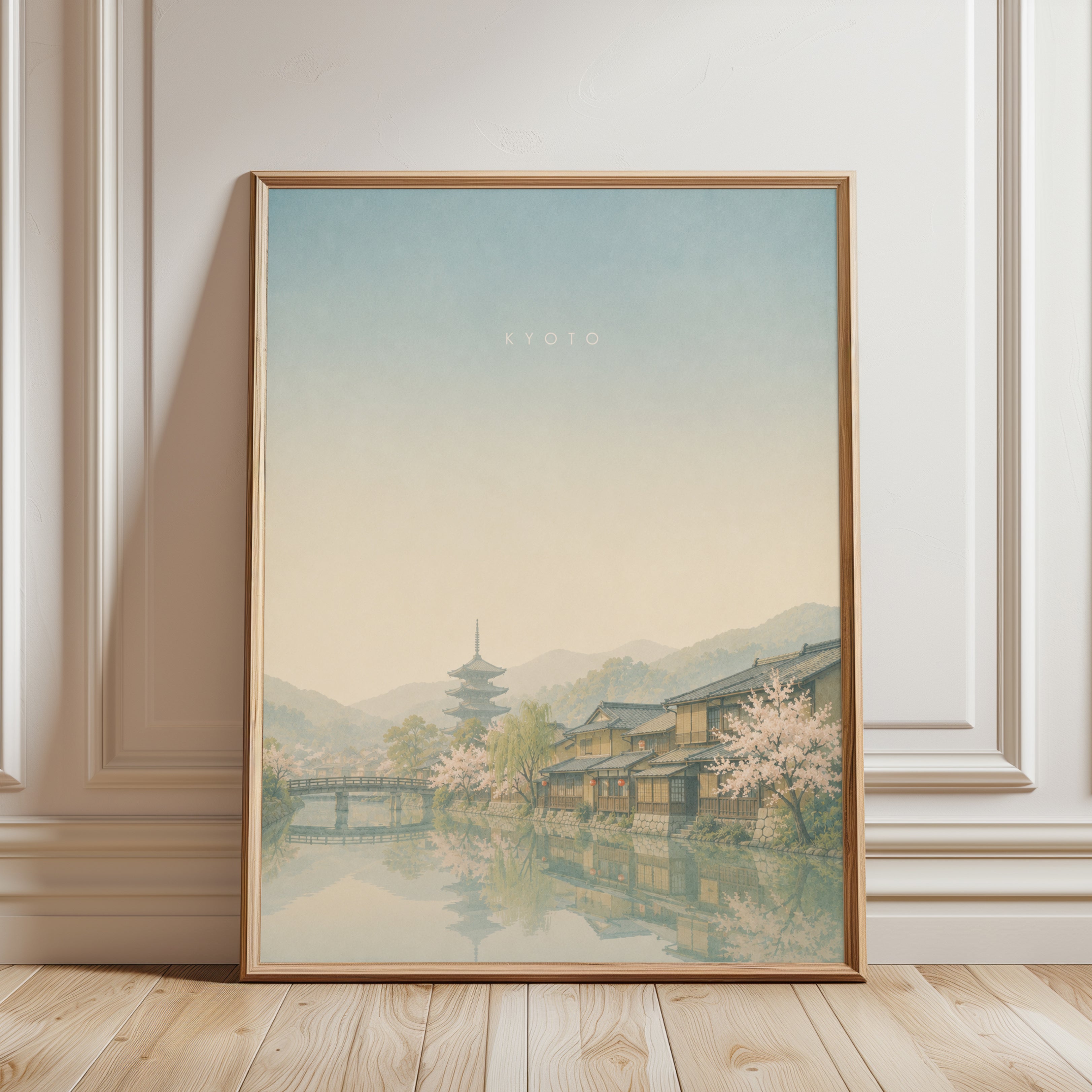 Kyoto Temple Landscape Print: Soft Pastel Japanese Cityscape Art - framed detail