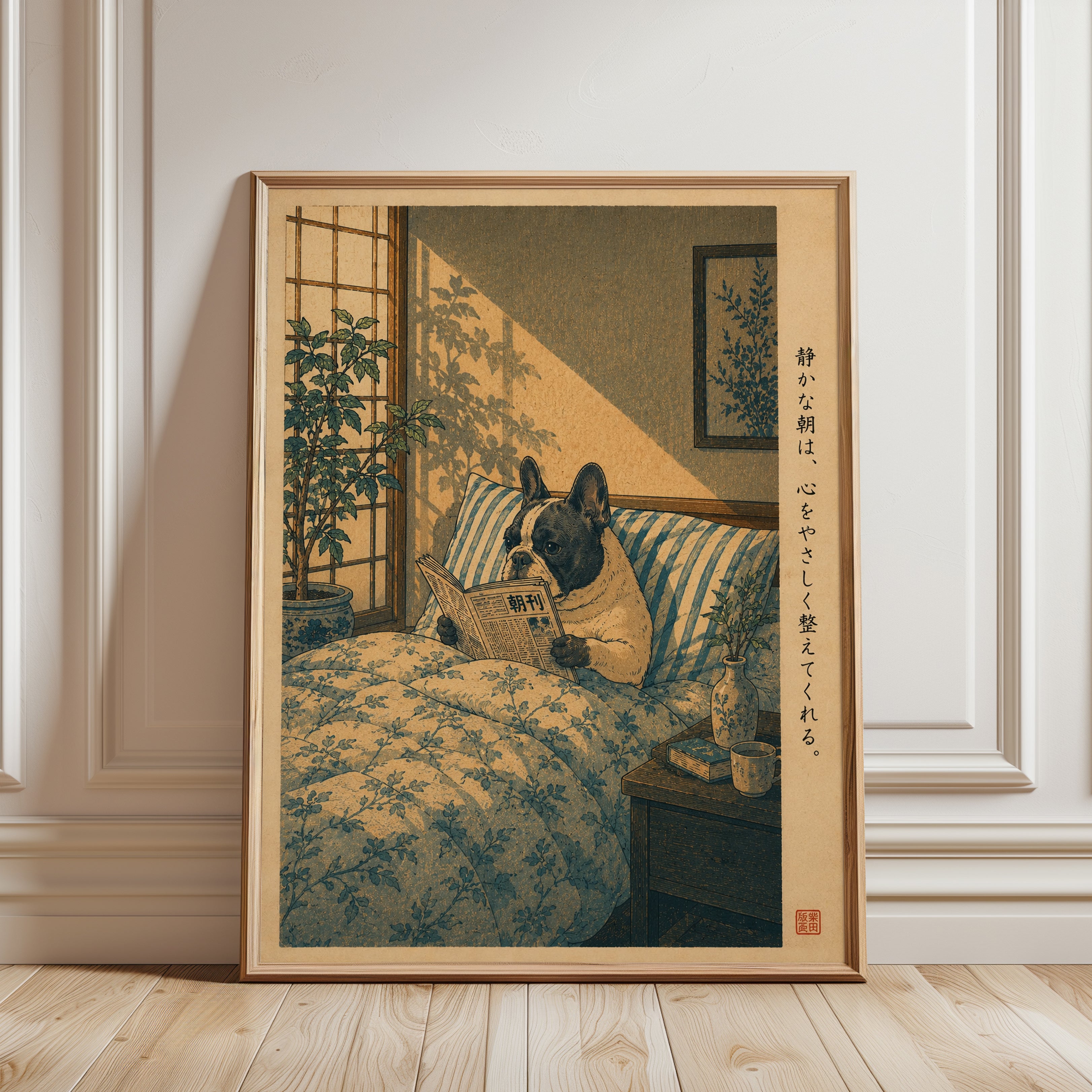 Japanese Dog Bedroom Art - framed detail