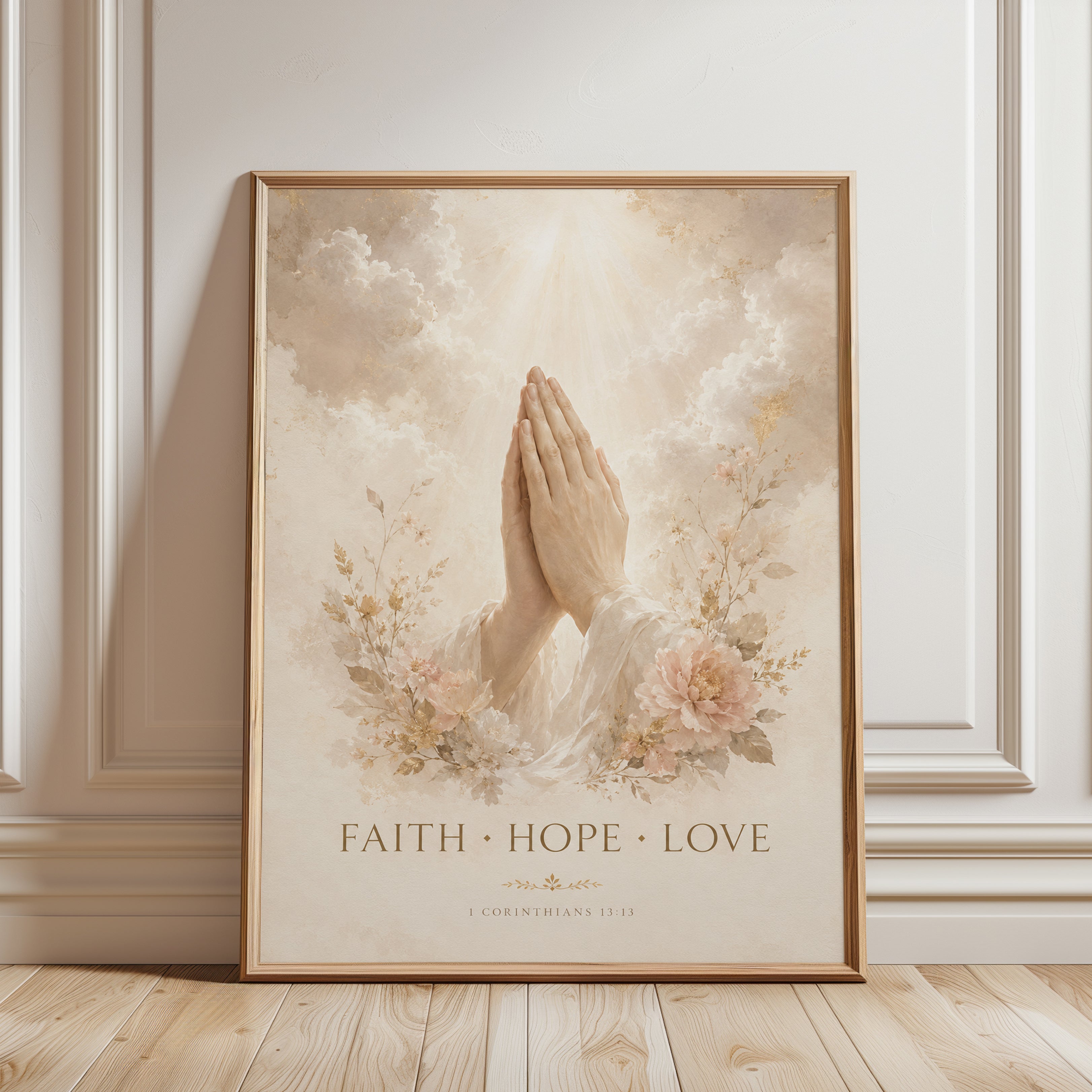 Faith Hope Love Print – Praying Hands Wall Art - framed detail