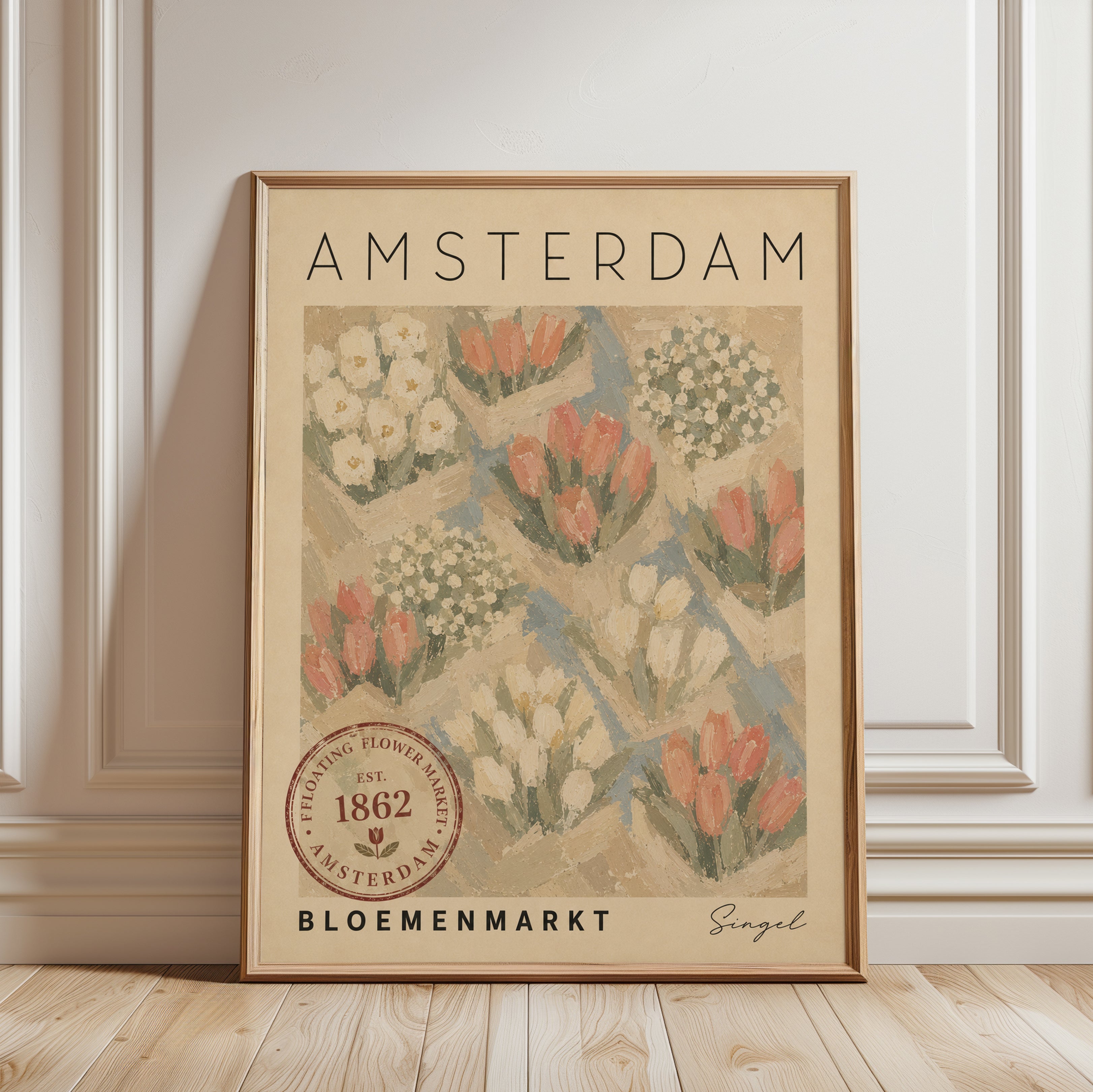 Amsterdam Tulip Market Poster: Vintage Floral Travel Art - framed detail