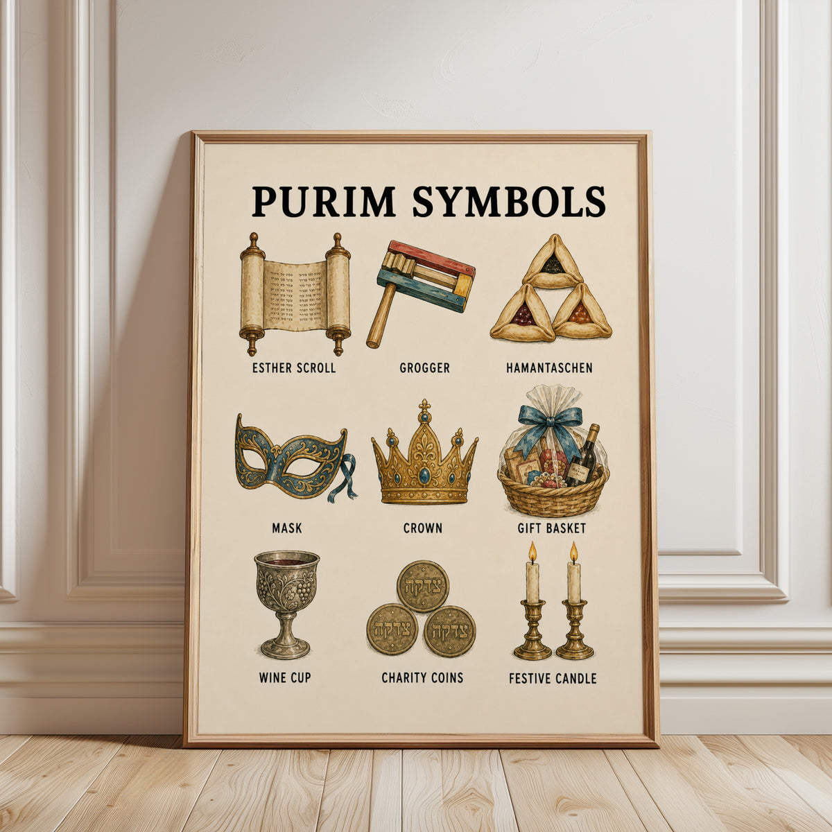 Purim Symbols Illustration - framed detail