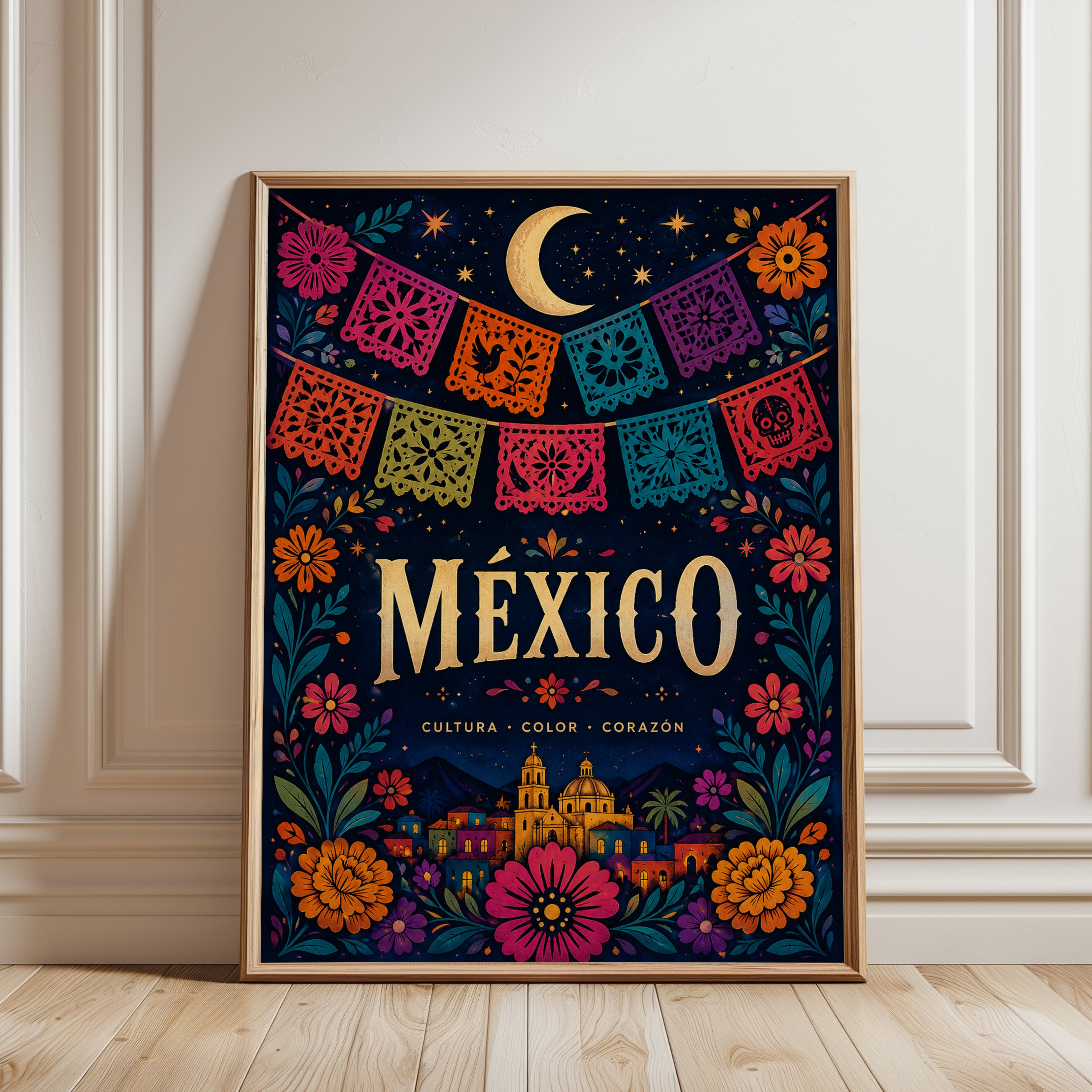 Mexico Travel Poster – Colorful Folk Art Print - framed detail