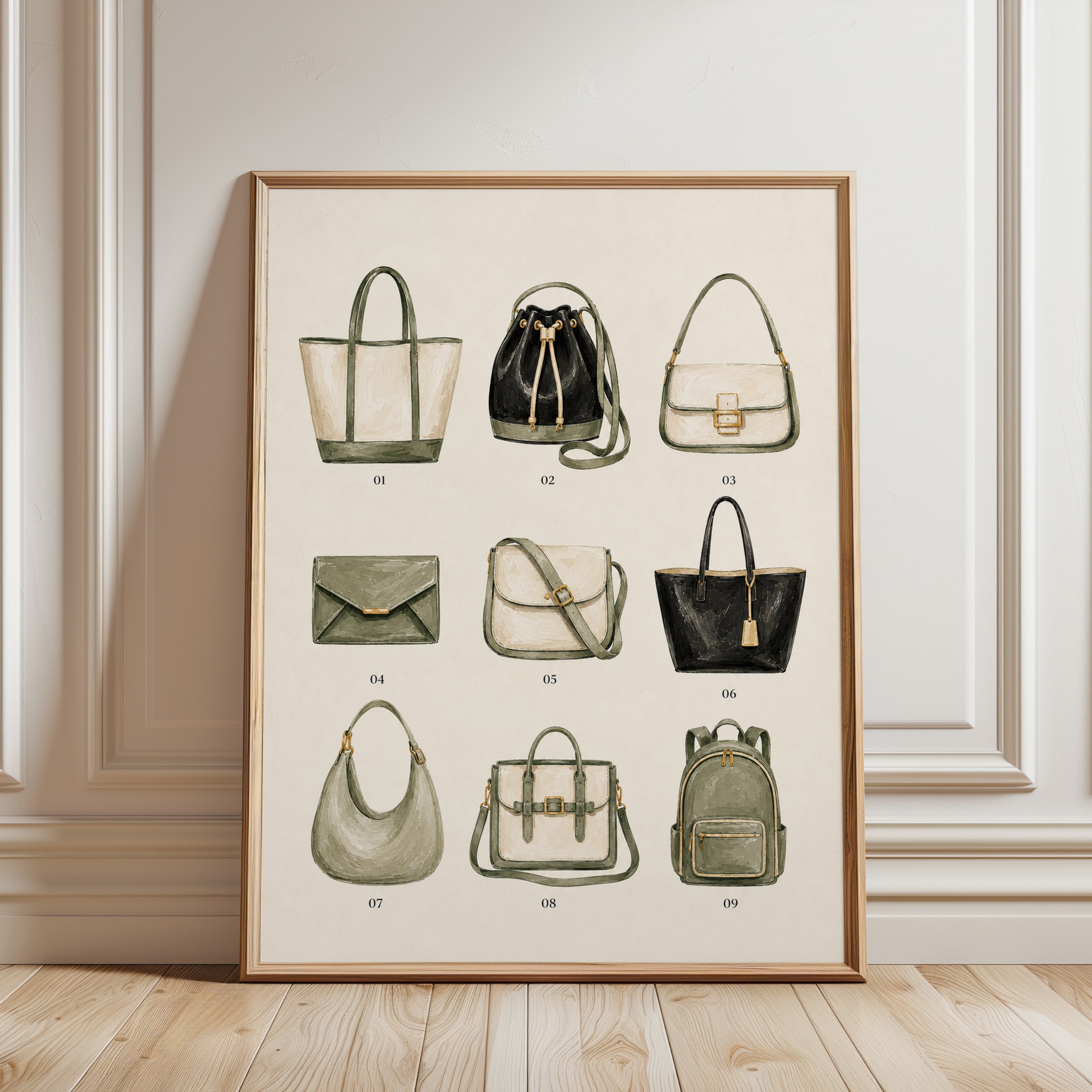 Fashion Handbag Collection Print: Watercolor Accessories Art - framed detail