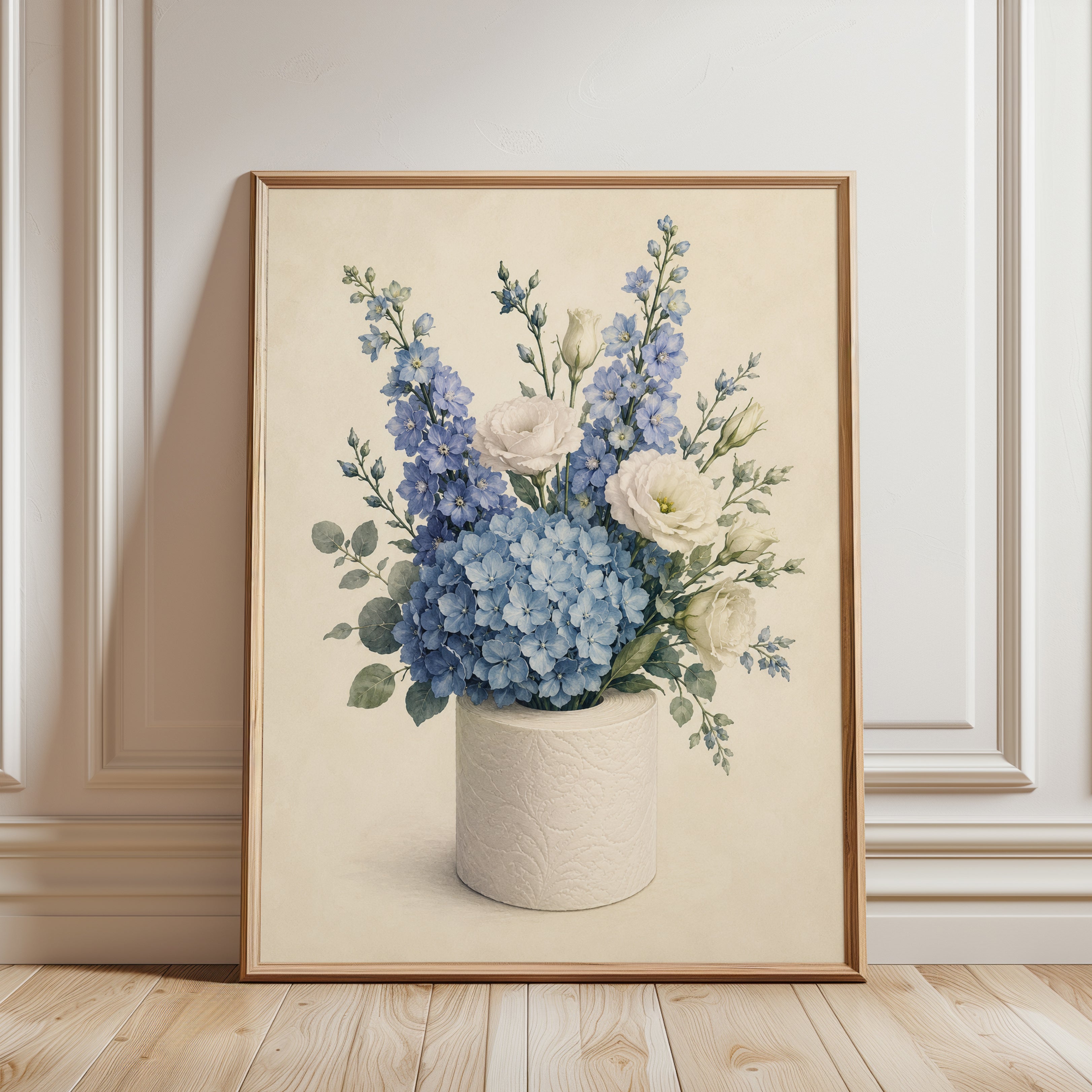 Blue Hydrangea Floral Arrangement: Watercolor Botanical Art Print - framed detail