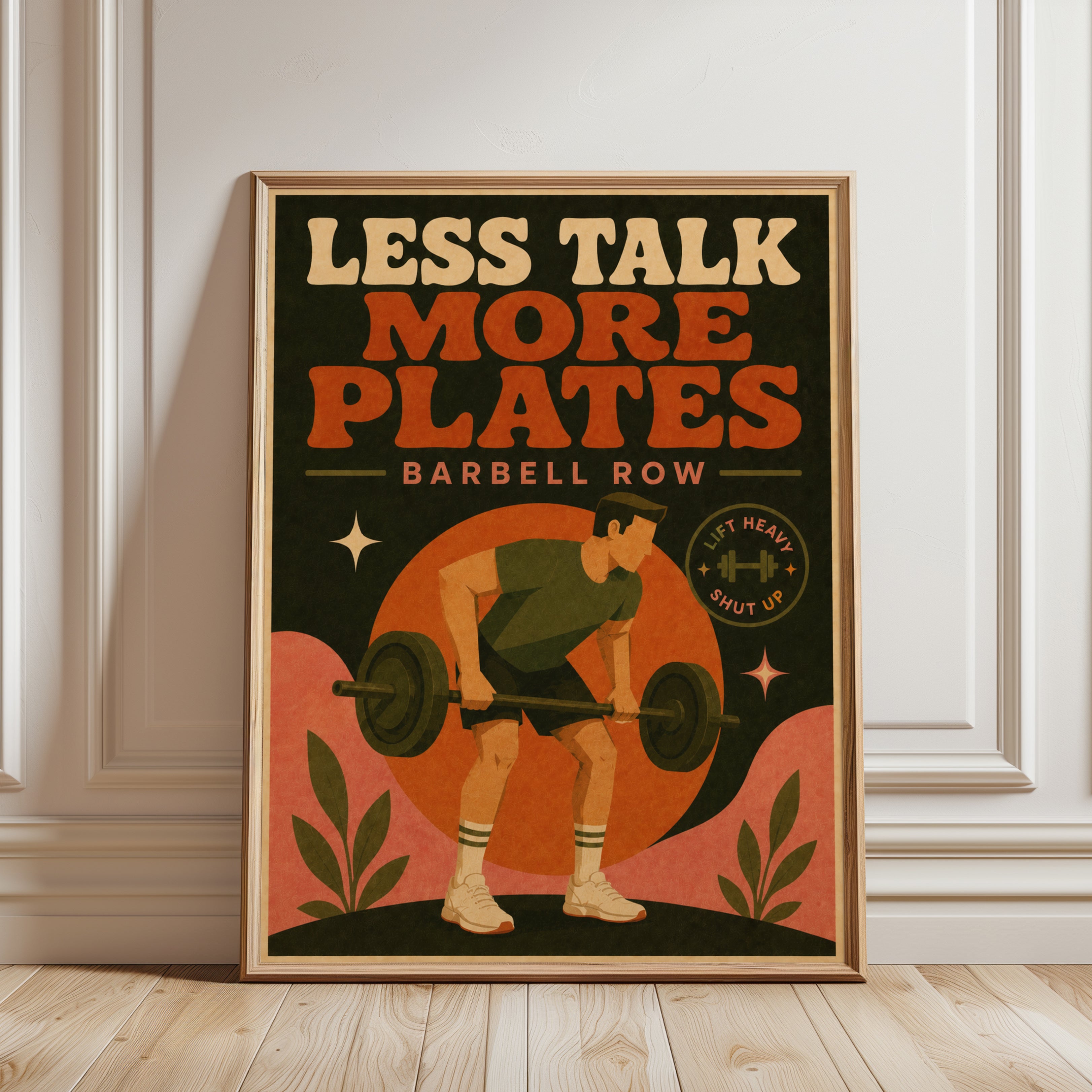 Motivational Gym Poster – Less Talk More Plates - framed detail