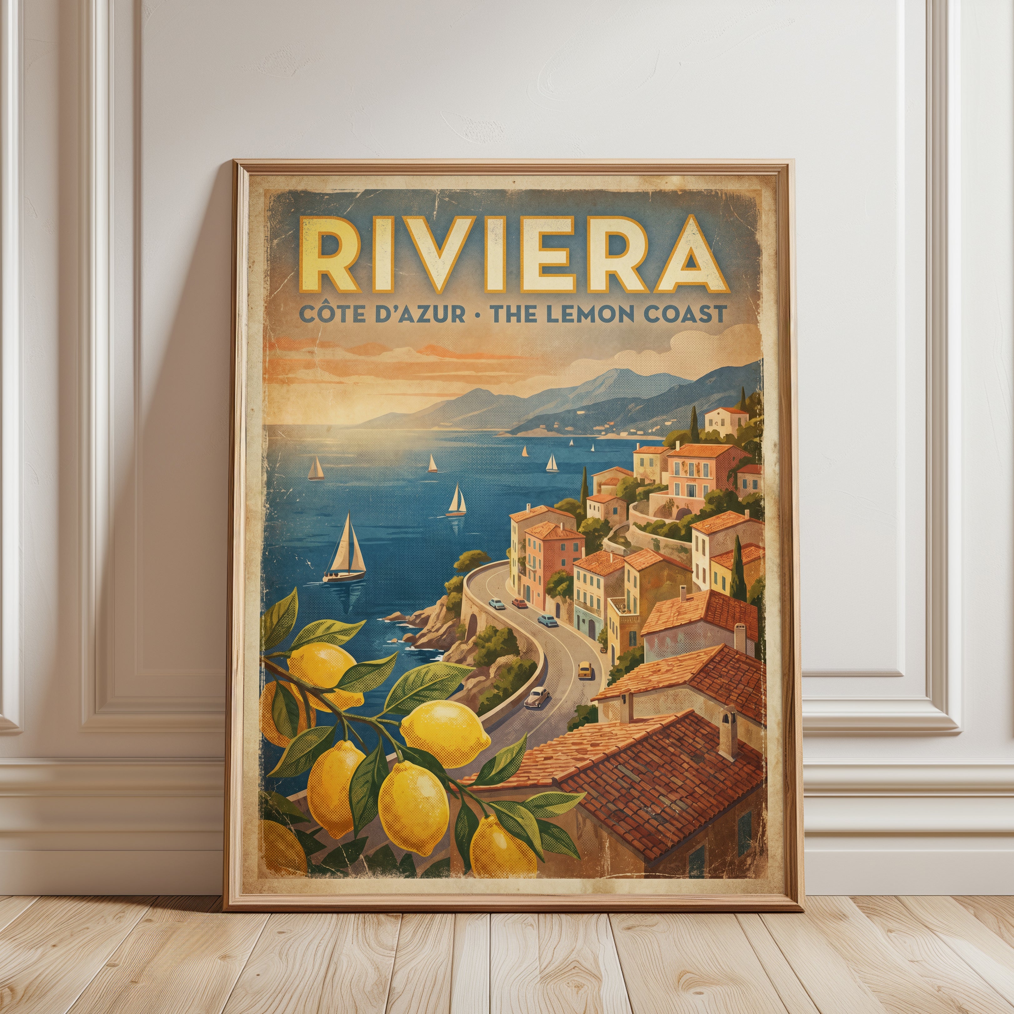 Vintage Riviera Travel Poster – French Côte d'Azur Lemon Coast - framed detail