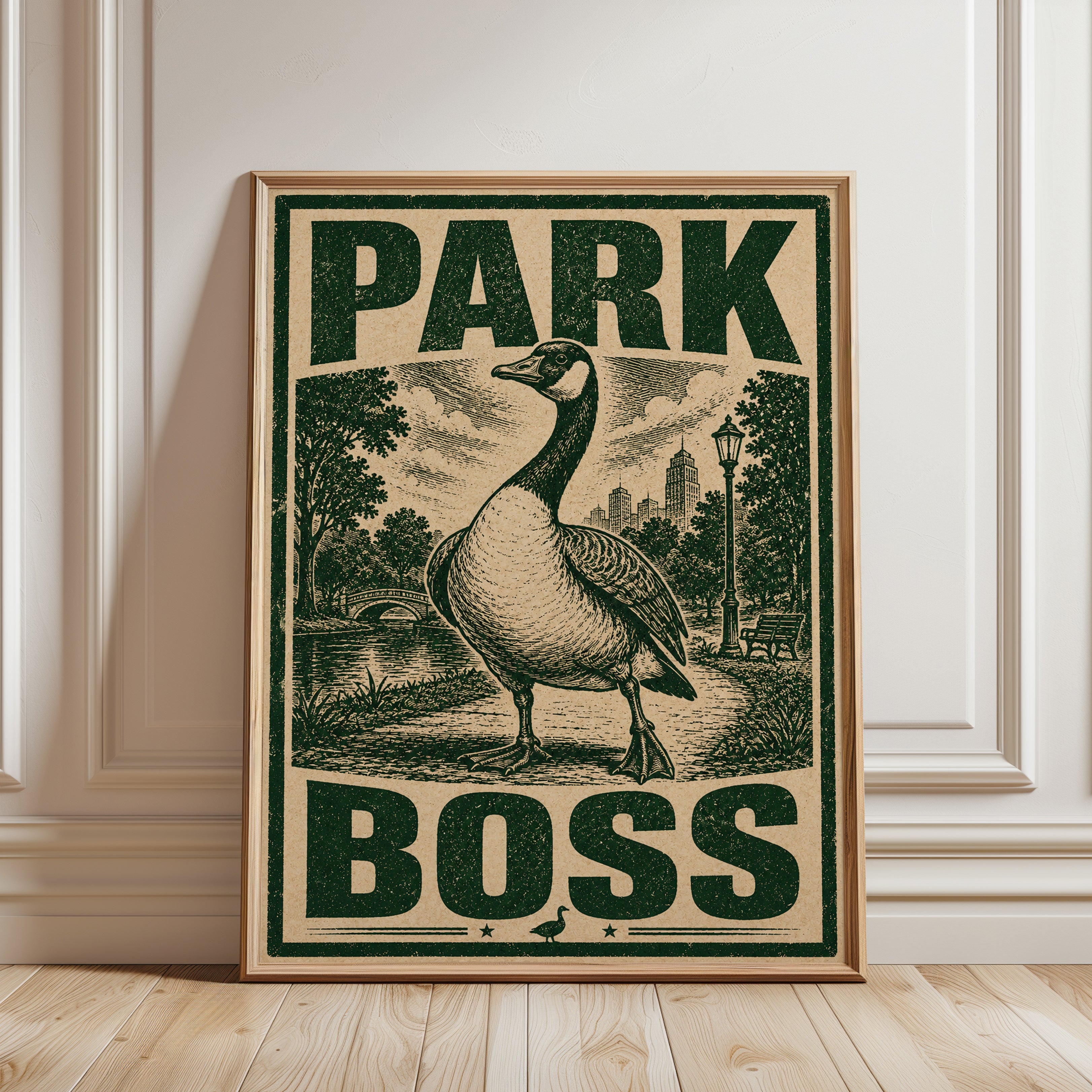 Park Boss Goose Print: Vintage Woodcut Style Green Poster - framed detail