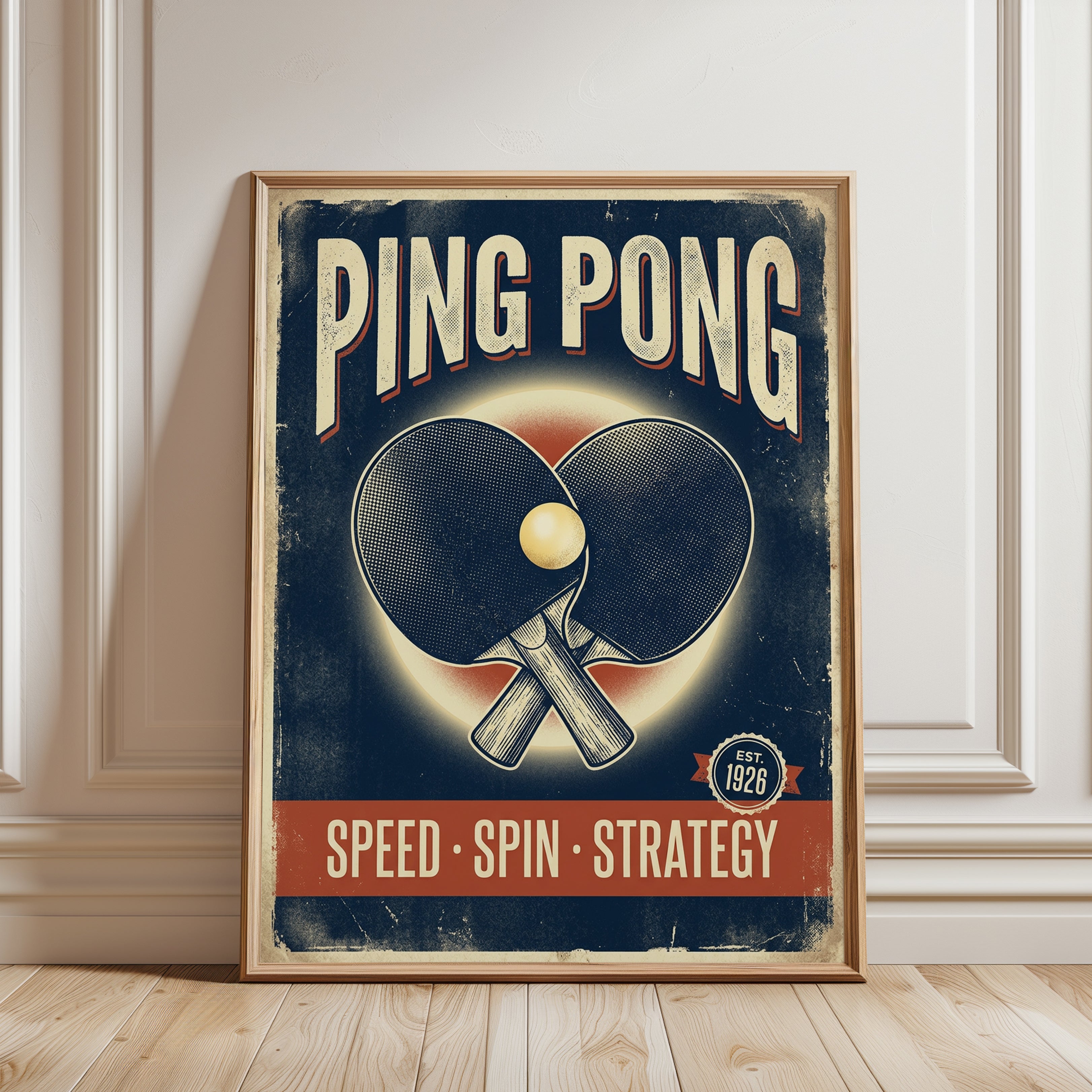 Vintage Ping Pong Poster: Retro Table Tennis Wall Art - framed detail