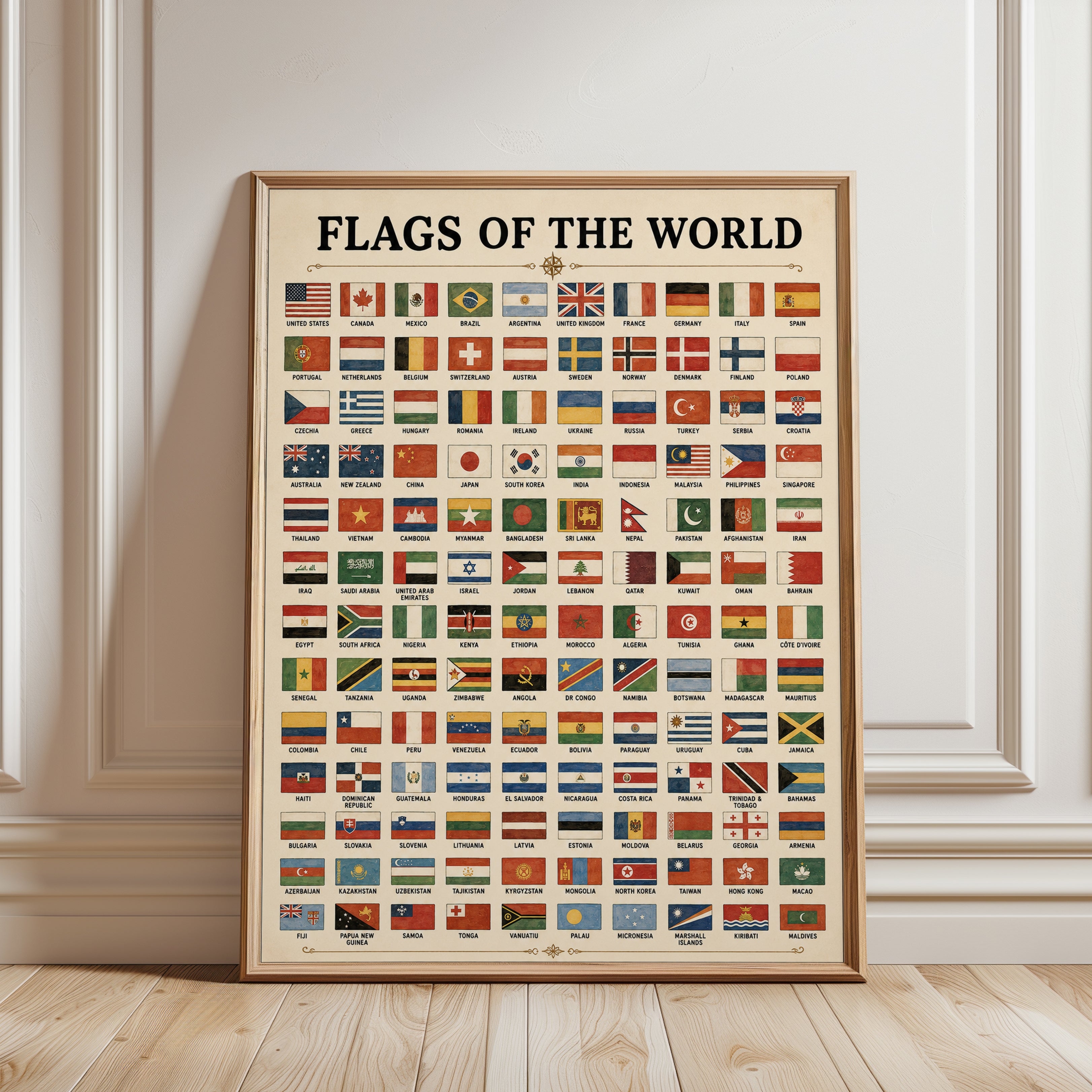 Flags of the World Educational Poster: Vintage Reference Art - framed detail